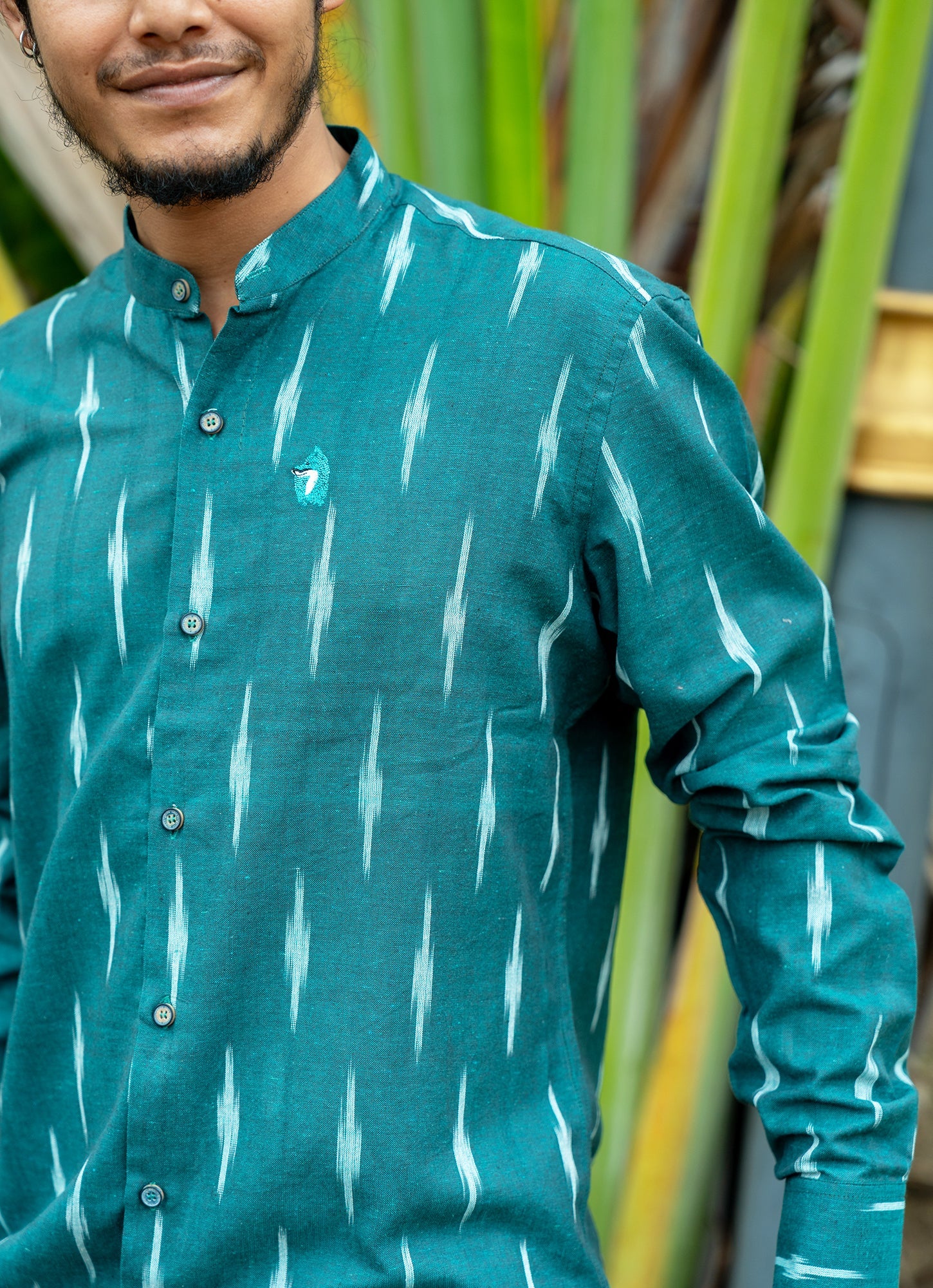 Eye-catching ikat design with Pine Green Dyed Premium Organic Cotton