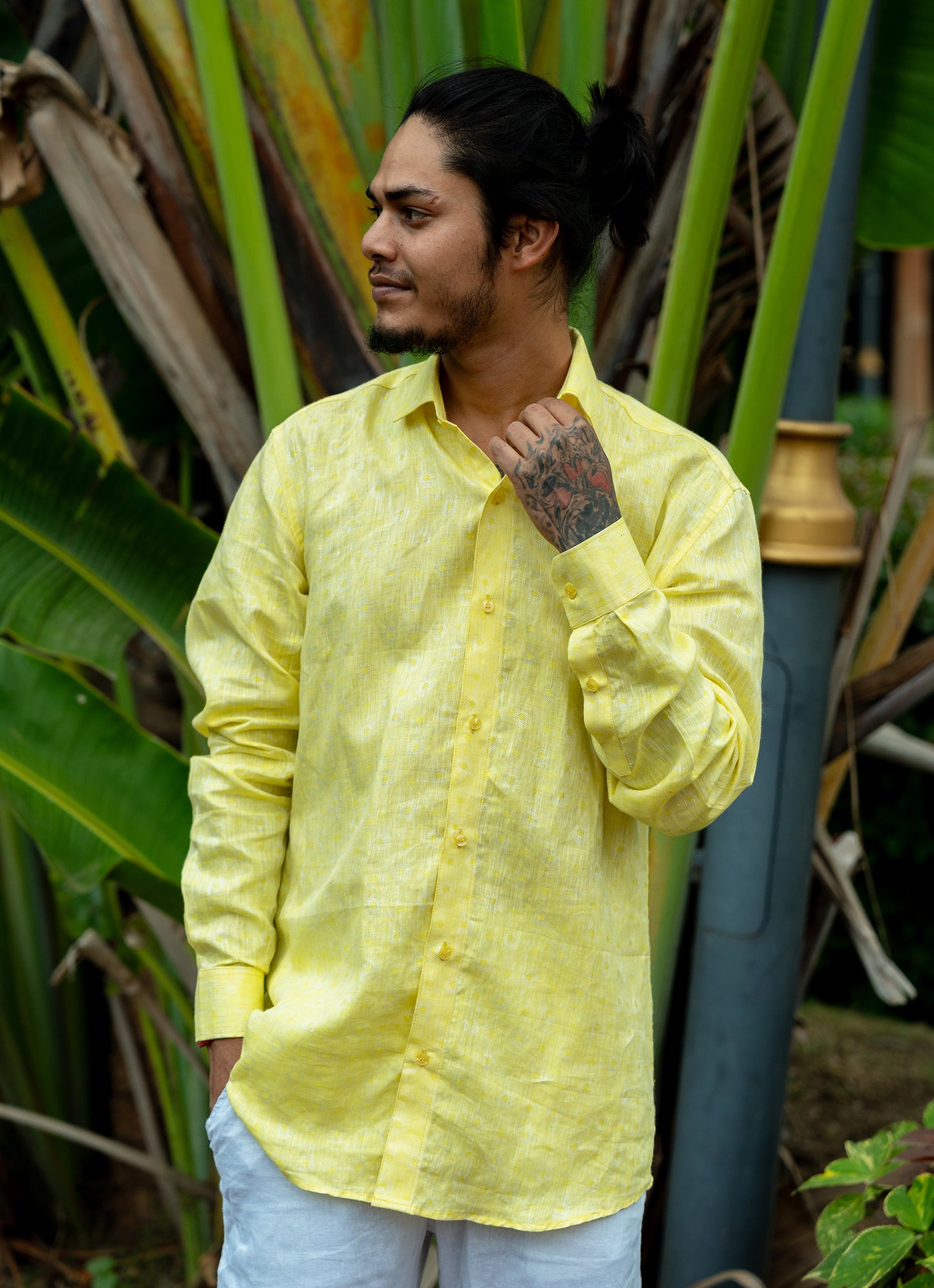 Lime Yellow Jacquard Textured Pure Linen Premium Shirt