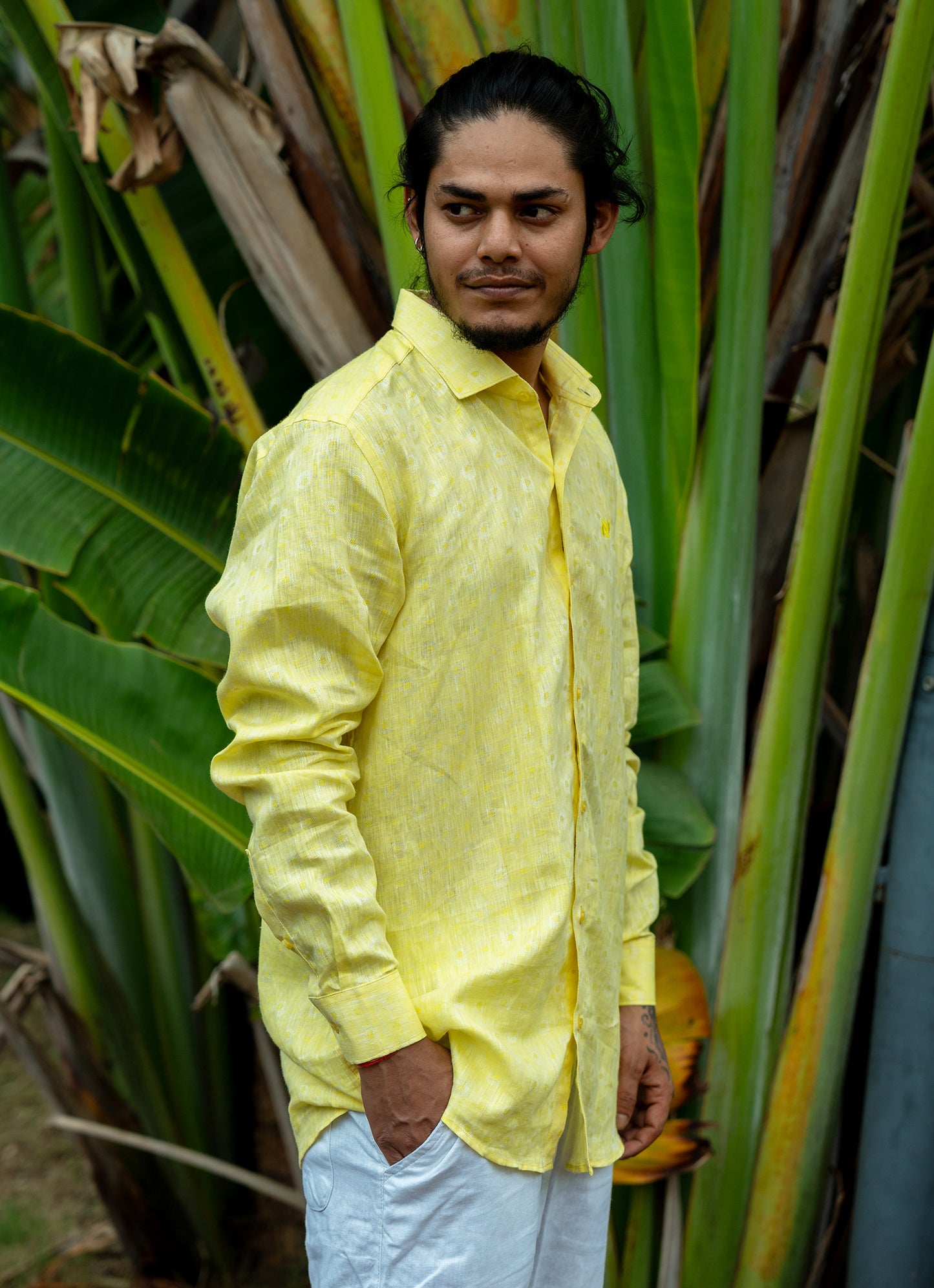 Lime Yellow Jacquard Textured Pure Linen Premium Shirt