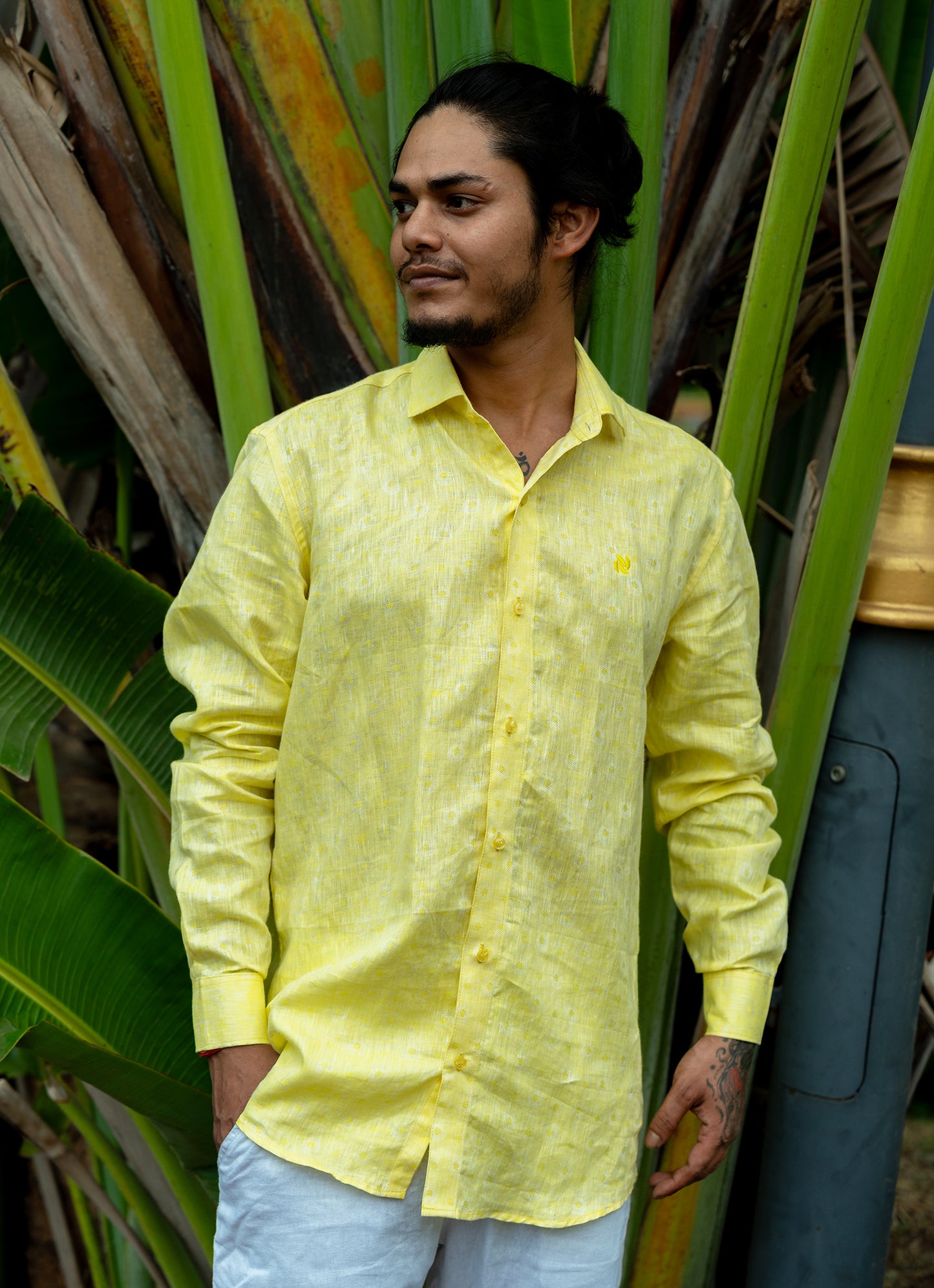 Lime Yellow Jacquard Textured Pure Linen Premium Shirt