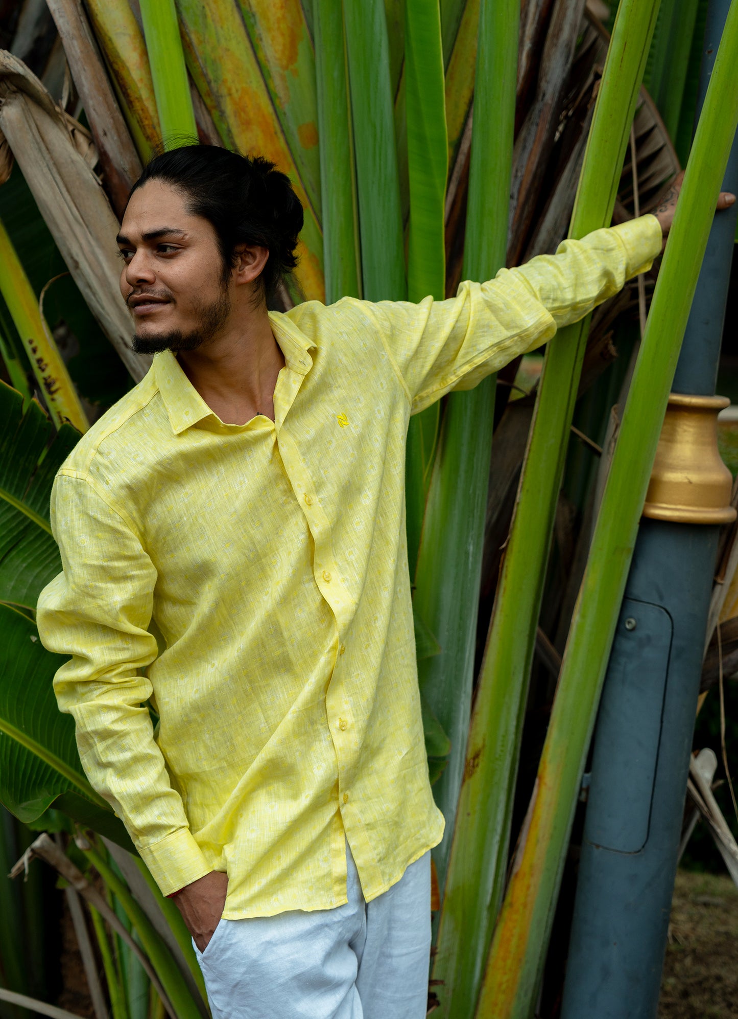 Lime Yellow Jacquard Textured Pure Linen Premium Shirt