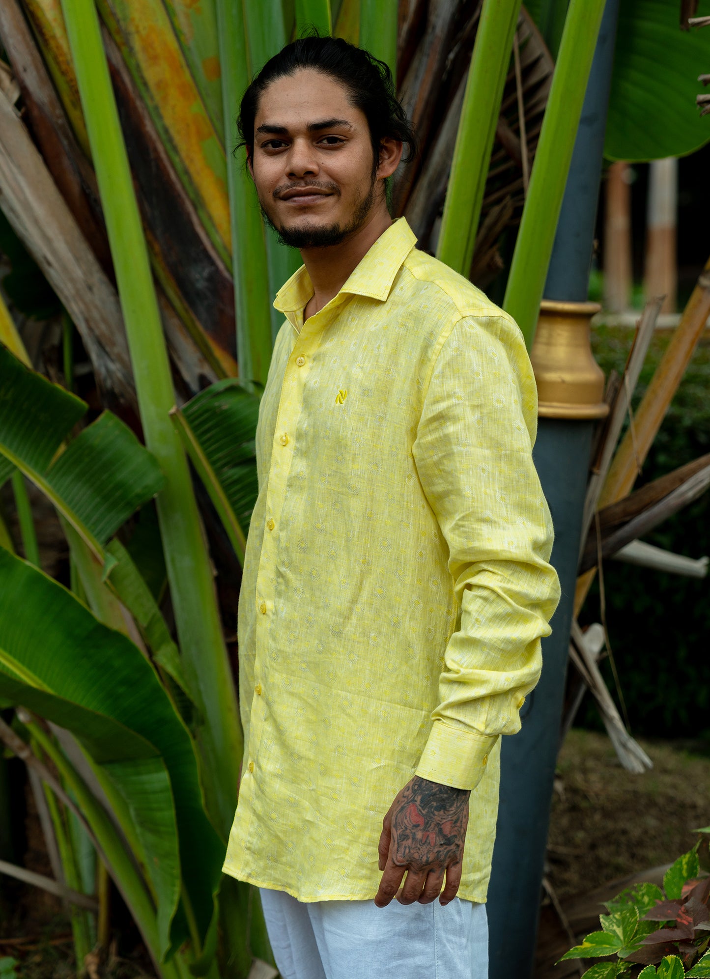 Lime Yellow Jacquard Textured Pure Linen Premium Shirt