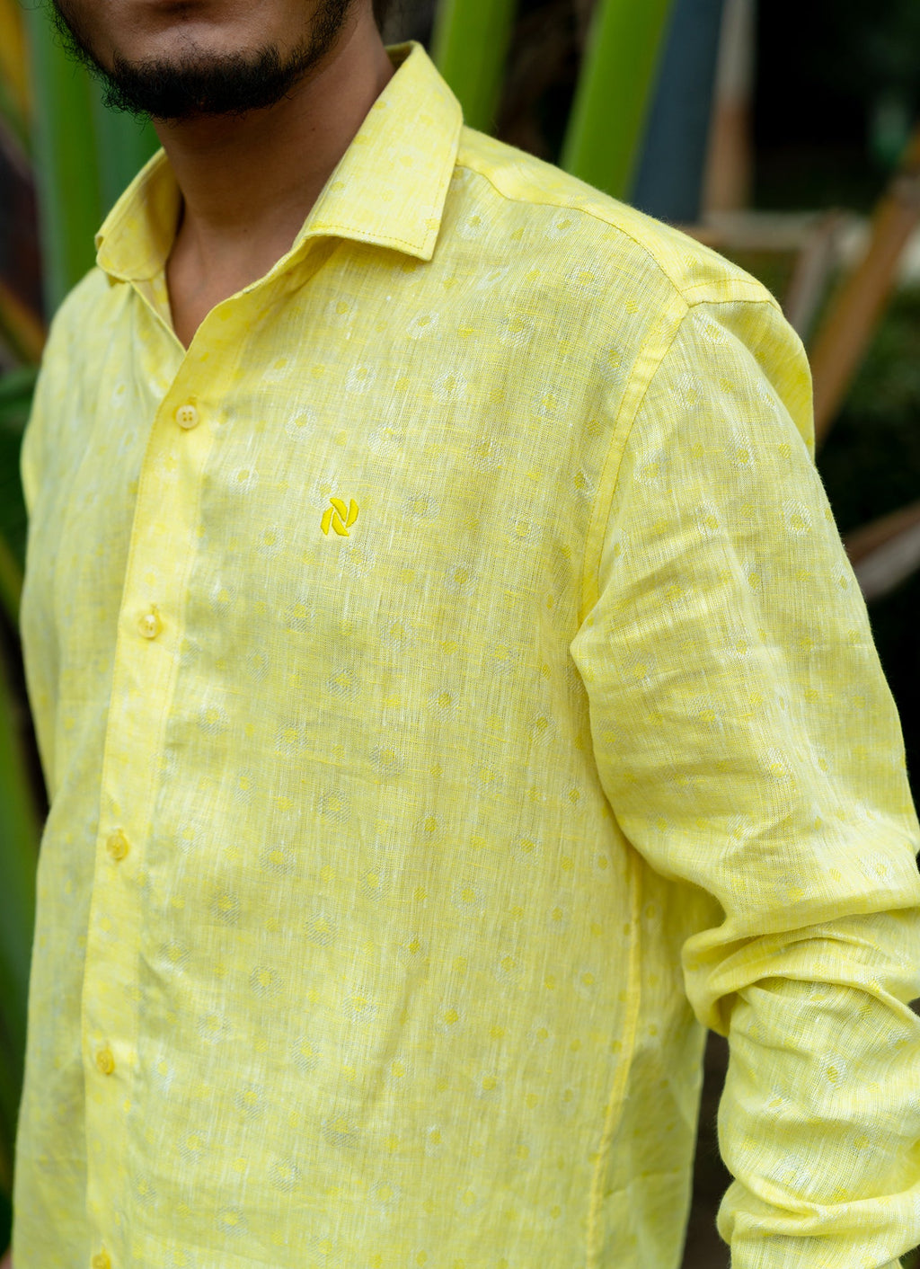 Lime Yellow Jacquard Textured Pure Linen Premium Shirt