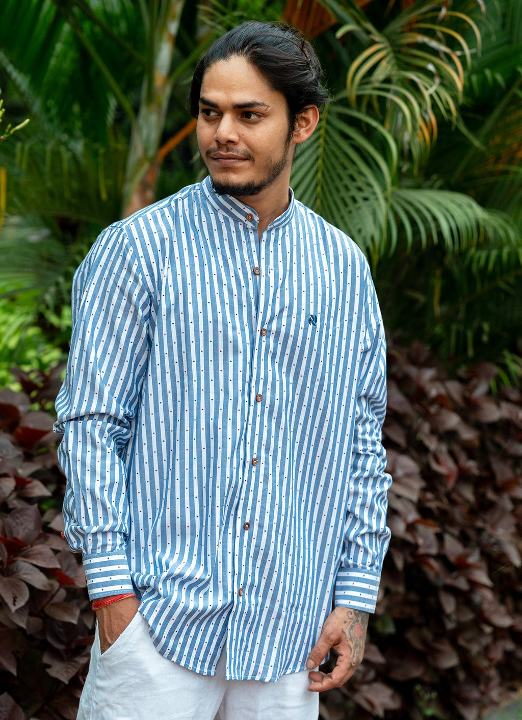 White Blue Striped Dotted Textured Organic Cotton Premium Shirt