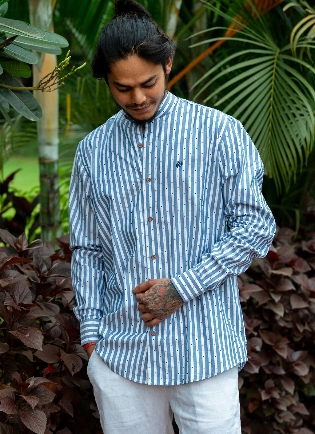 White Blue Striped Dotted Textured Organic Cotton Premium Shirt