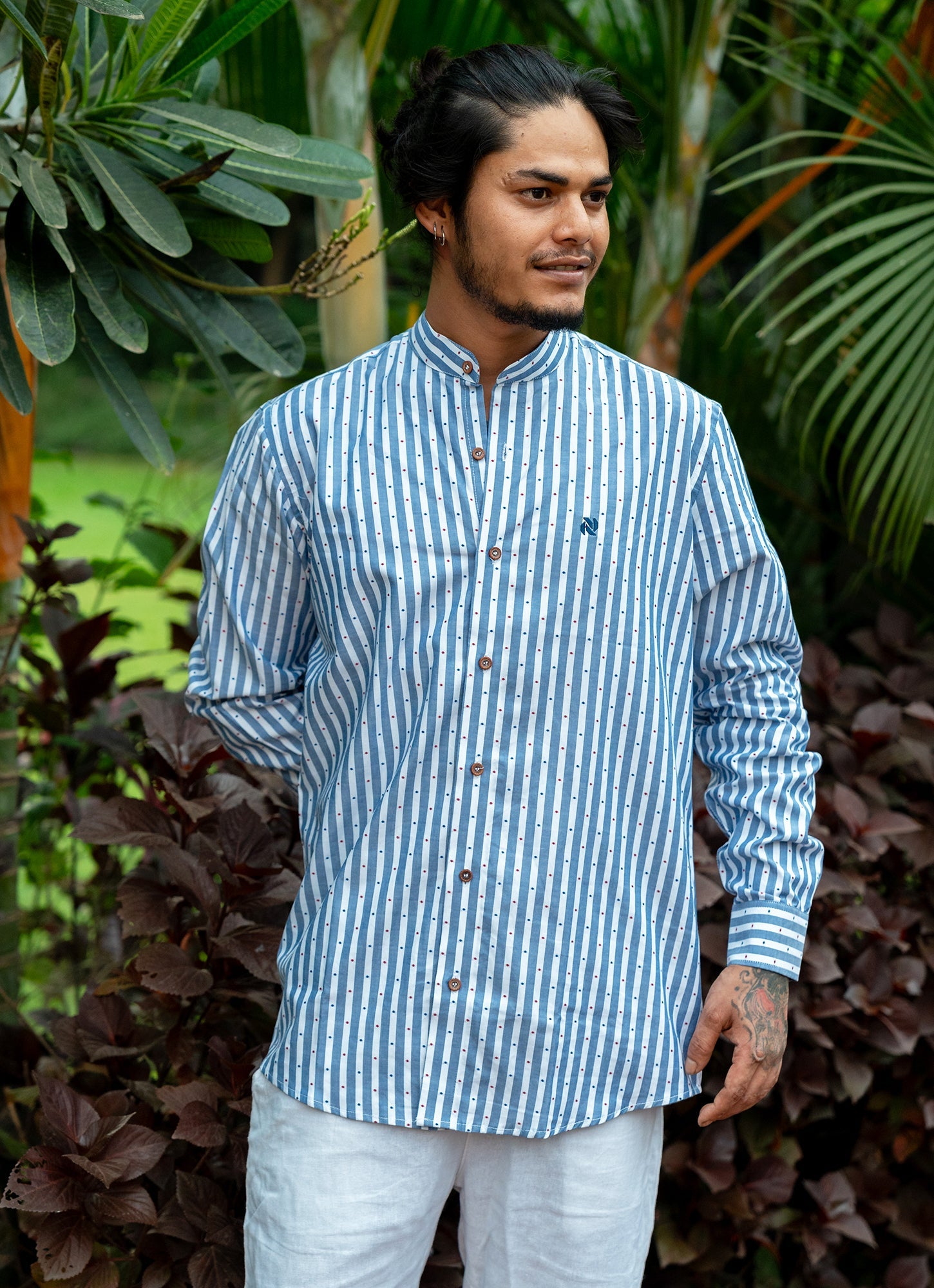 White Blue Striped Dotted Textured Organic Cotton Premium Shirt