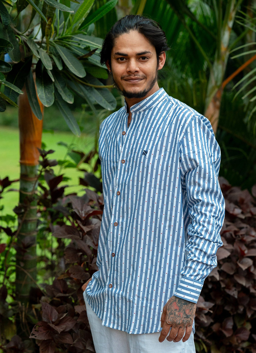 White Blue Striped Dotted Textured Organic Cotton Premium Shirt