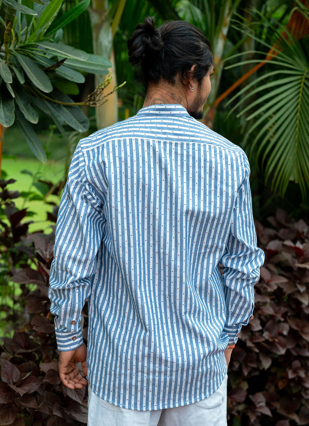 White Blue Striped Dotted Textured Organic Cotton Premium Shirt