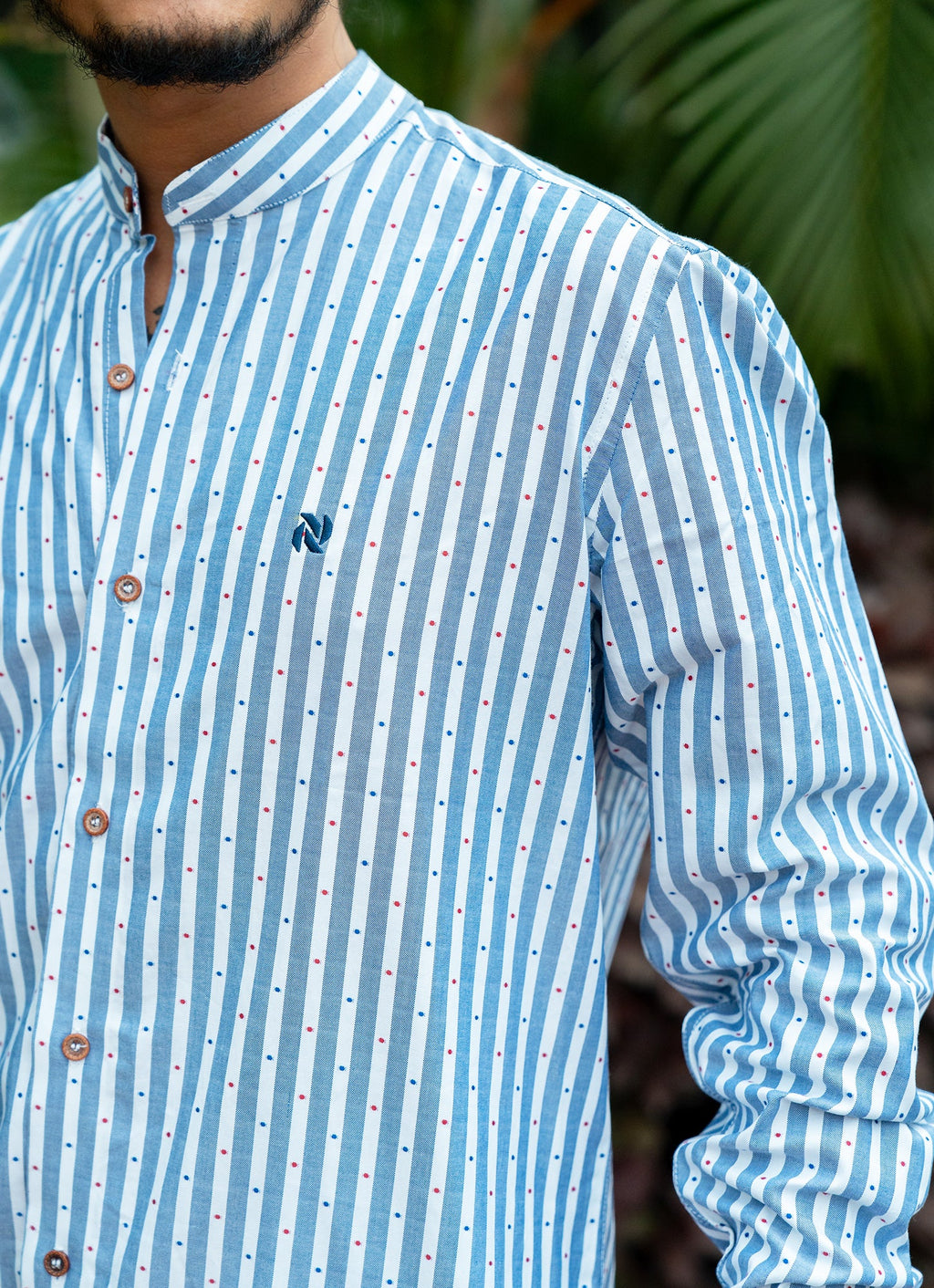 White Blue Striped Dotted Textured Organic Cotton Premium Shirt