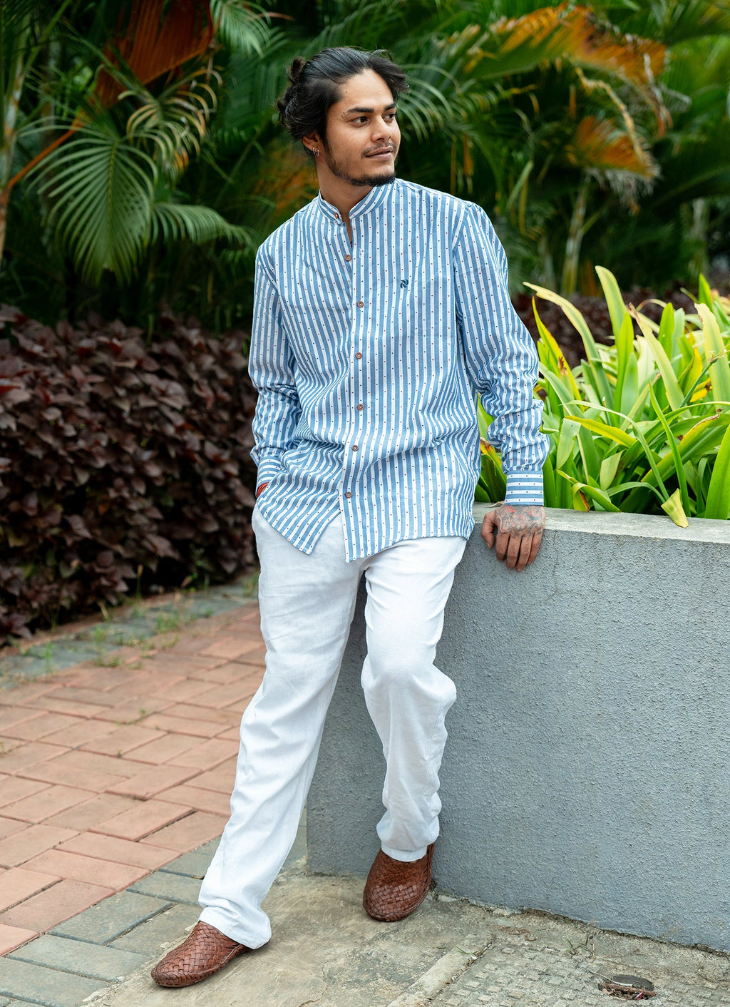White Blue Striped Dotted Textured Organic Cotton Premium Shirt