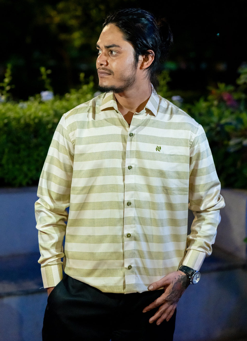 Creamy Pista Striped Organic Cotton Premium Shirt