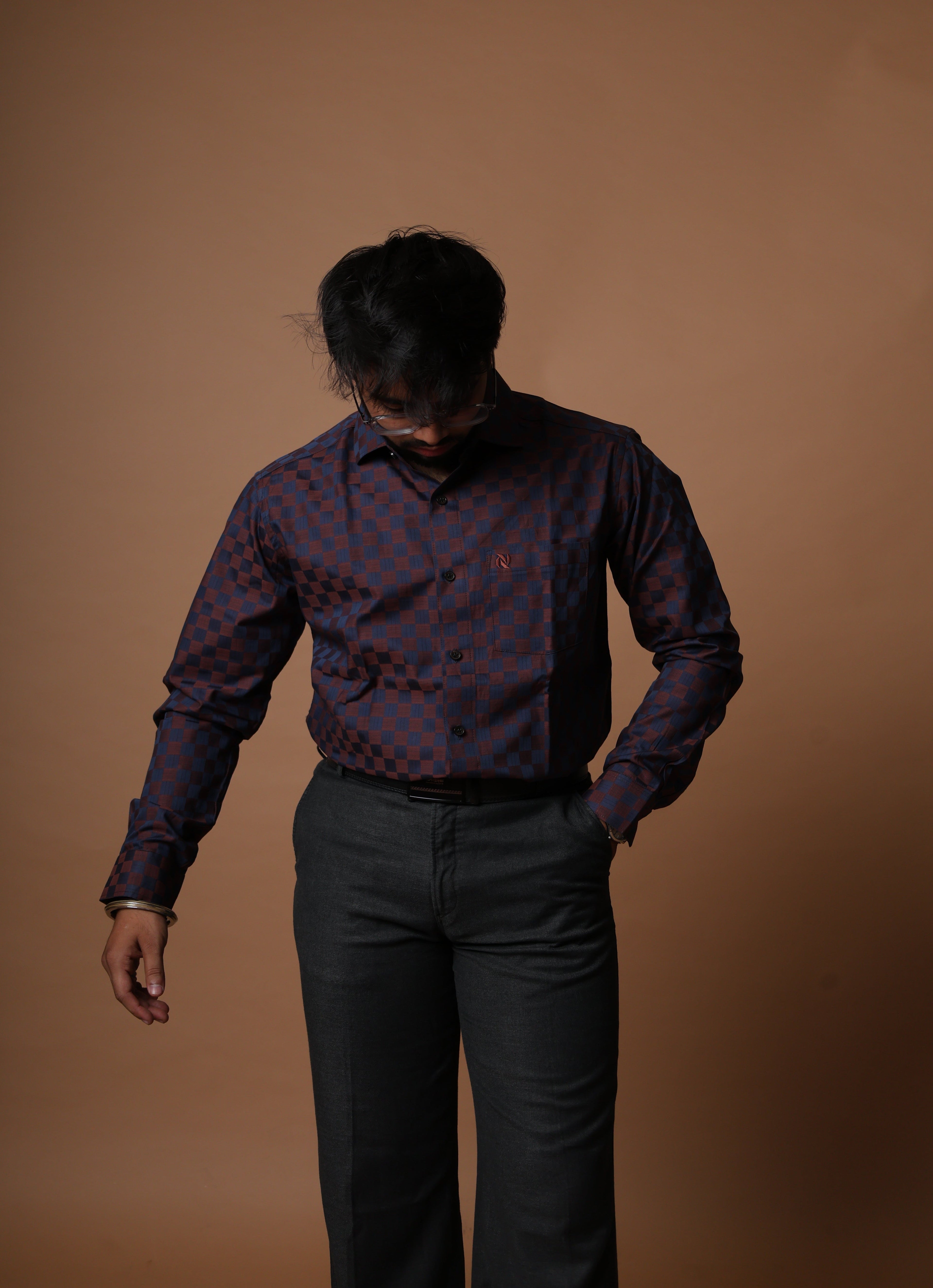 Deep Navy Blue Maroon Checkered Shirt