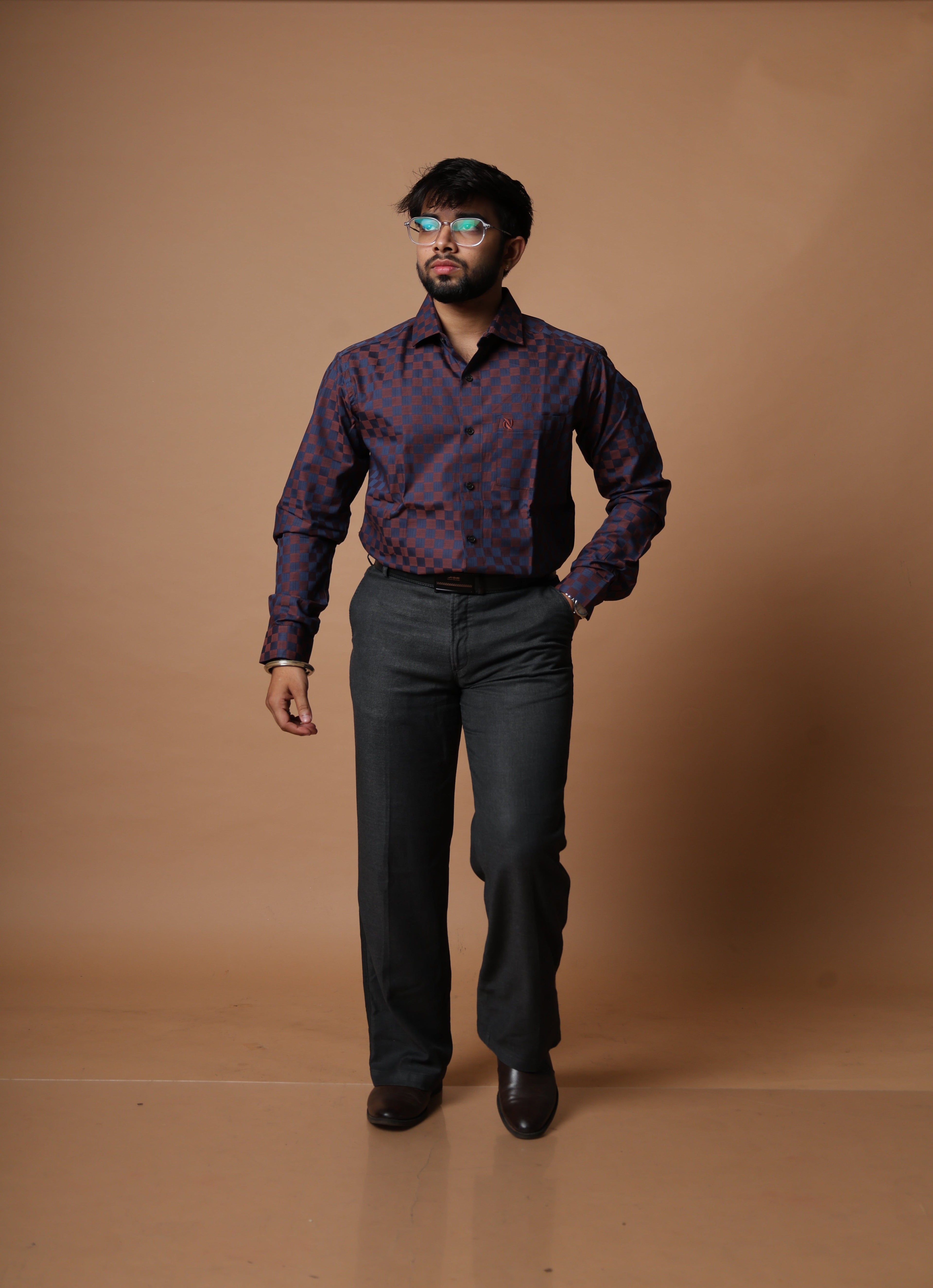 Deep Navy Blue Maroon Checkered Shirt