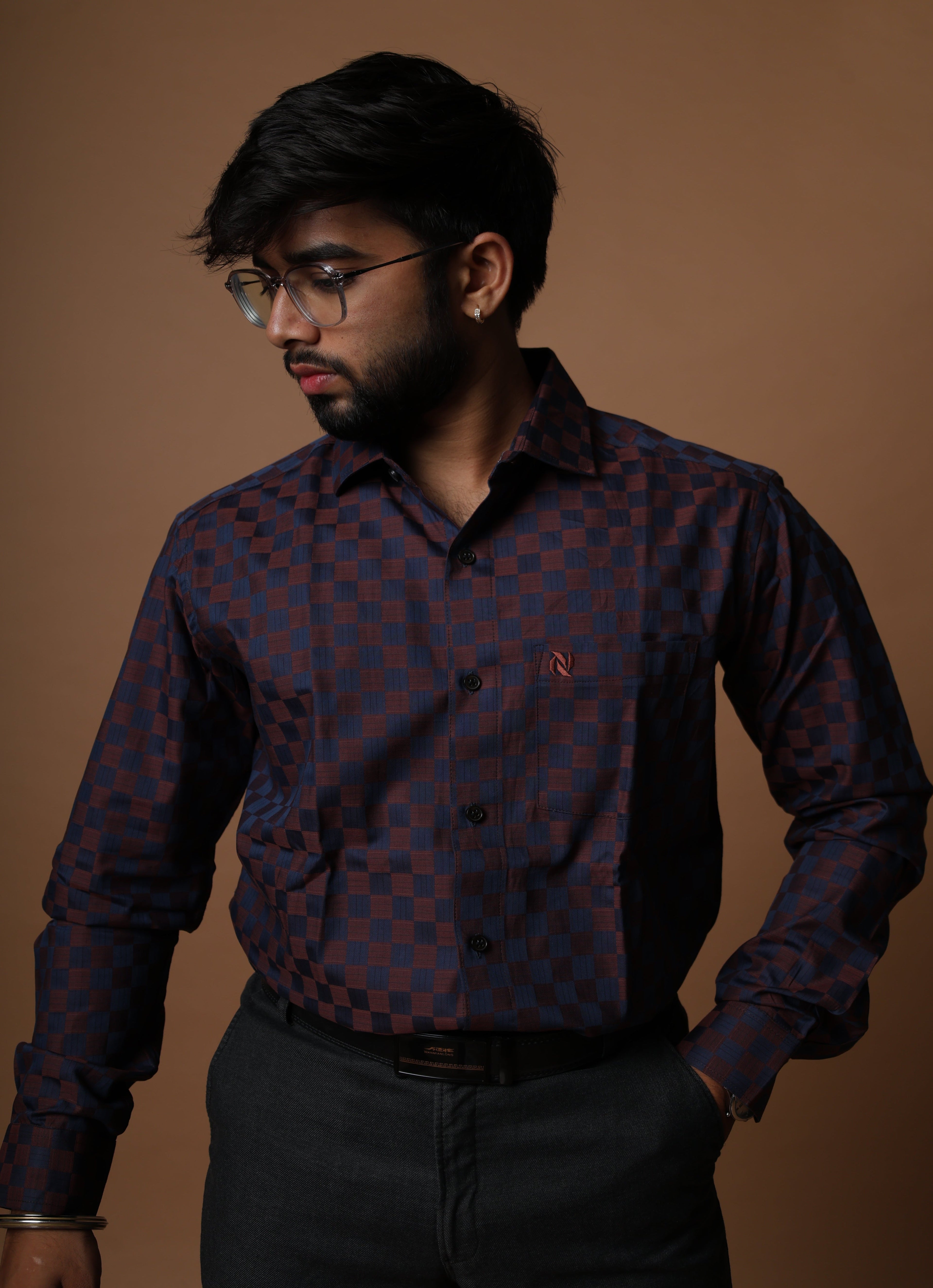 Deep Navy Blue Maroon Checkered Shirt