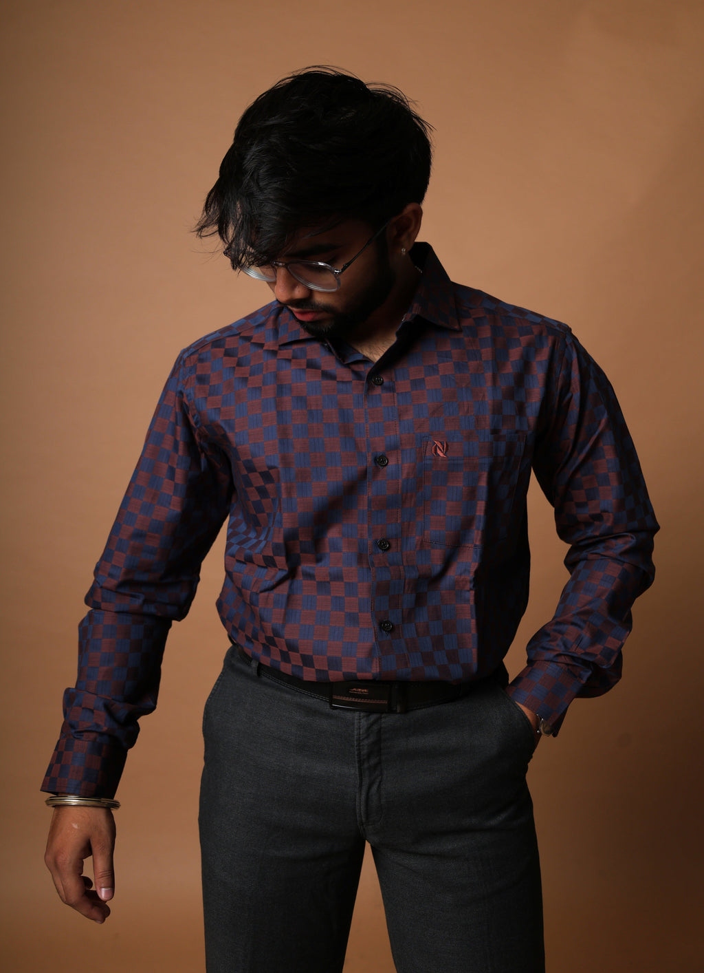 Deep Navy Blue Maroon Checkered Shirt