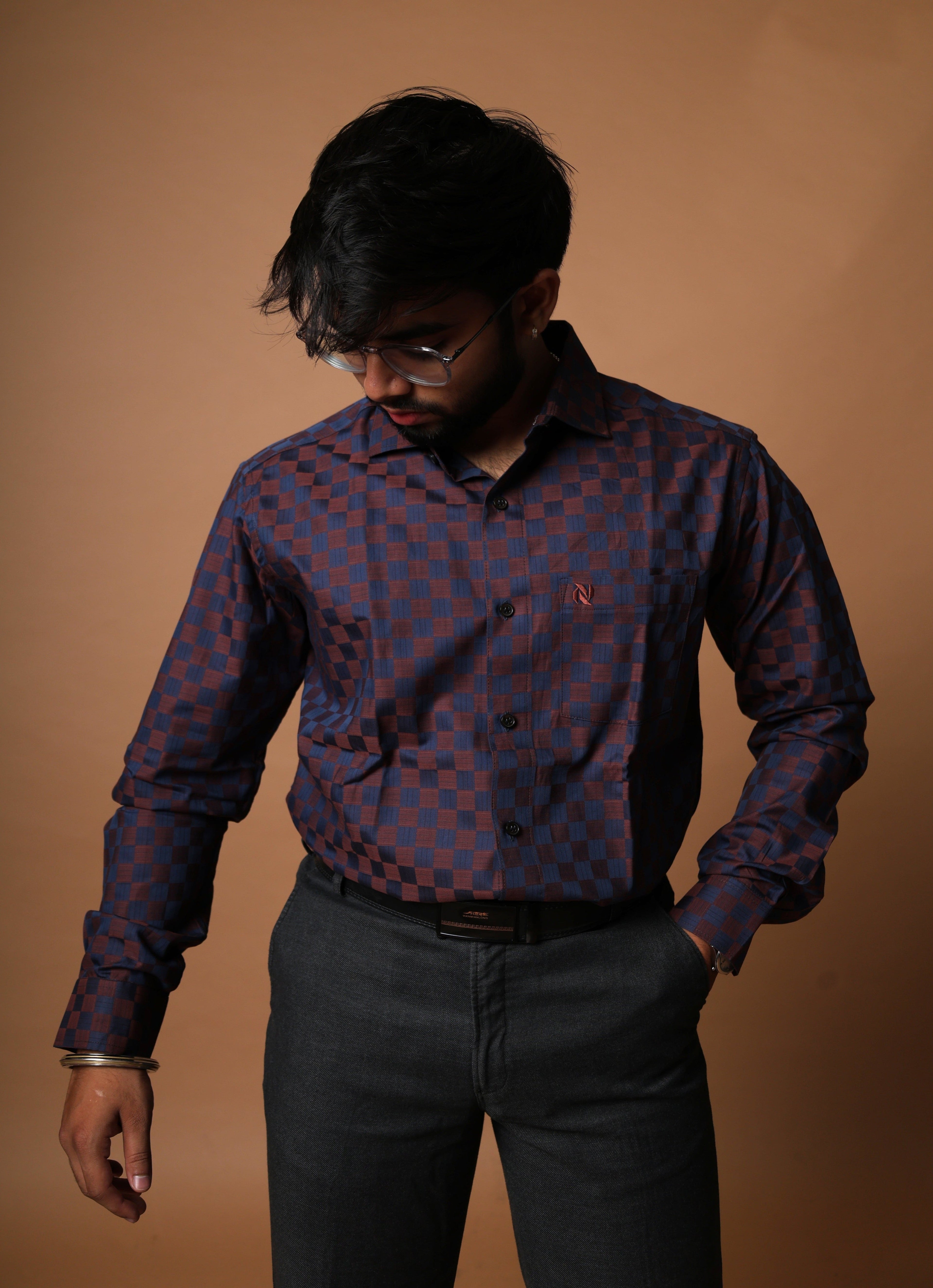 Deep Navy Blue Maroon Checkered Shirt