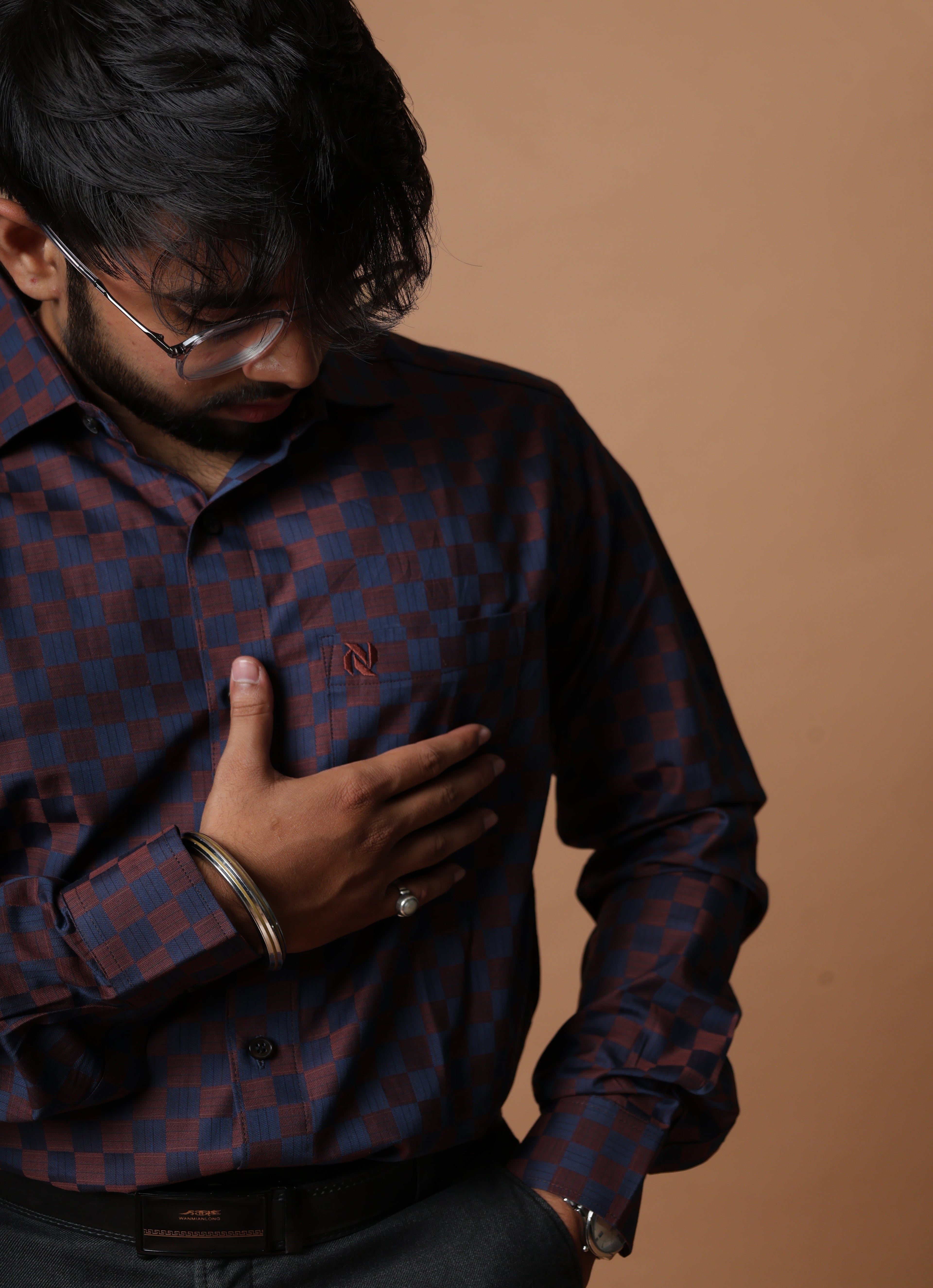 Deep Navy Blue Maroon Checkered Shirt