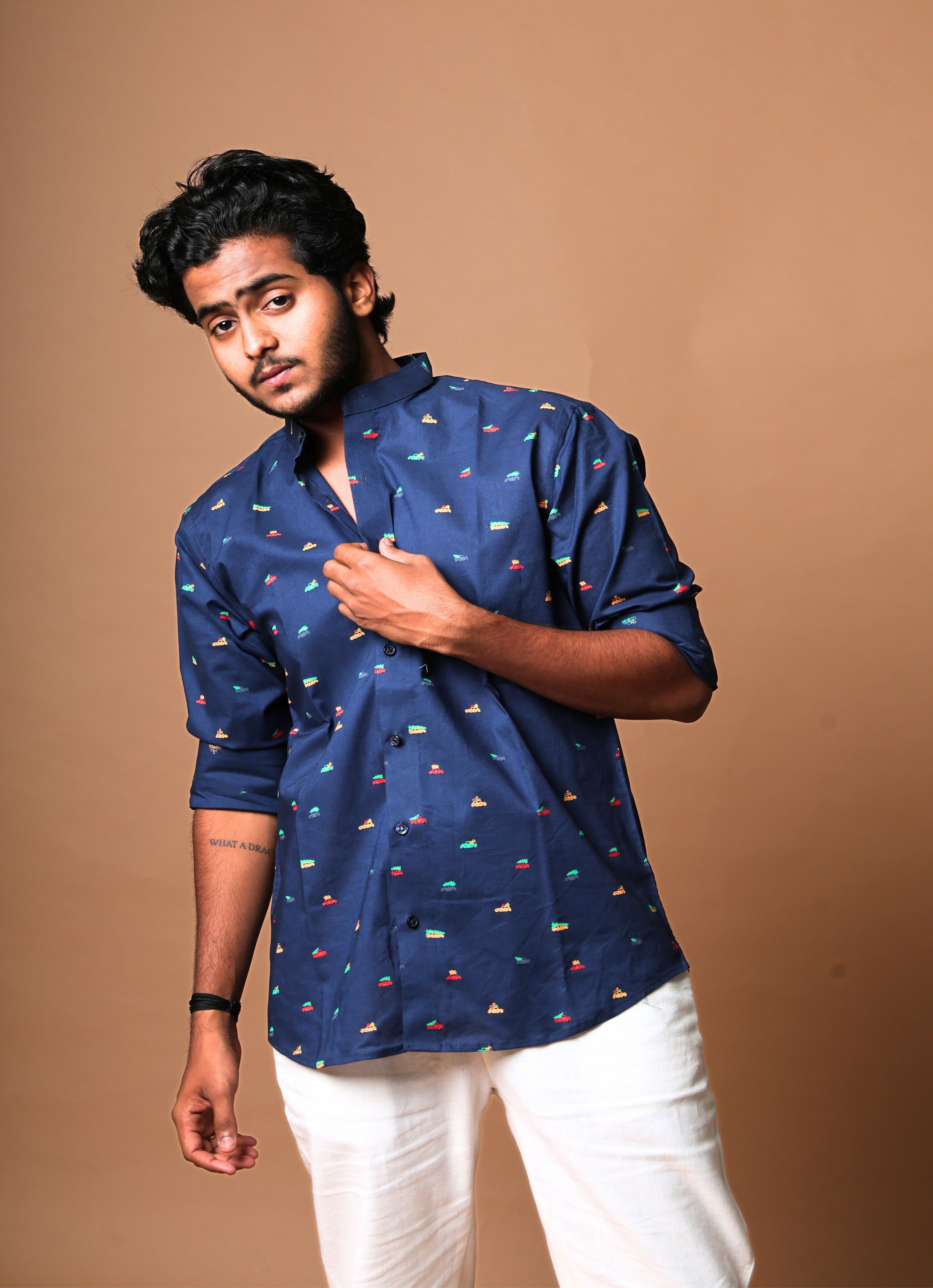 Casual Blue Vehicle Printed Shirt