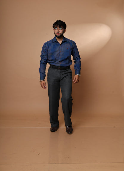 Deep navy blue with grid checks cotton shirt