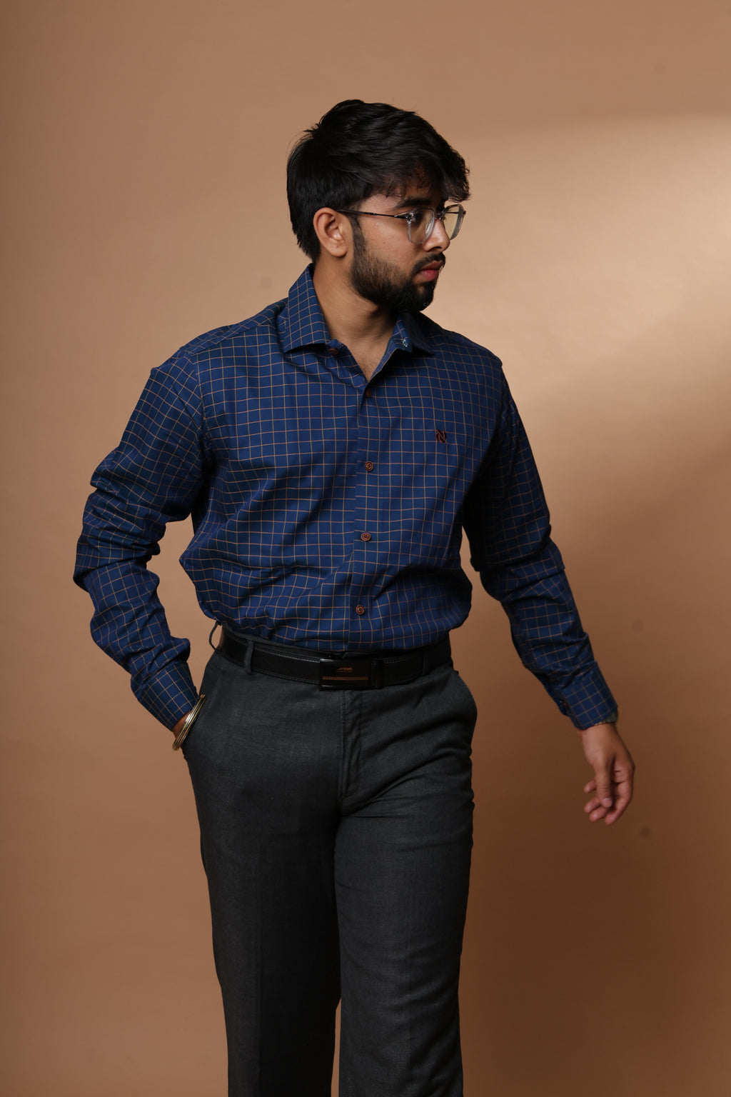 Deep navy blue with grid checks cotton shirt