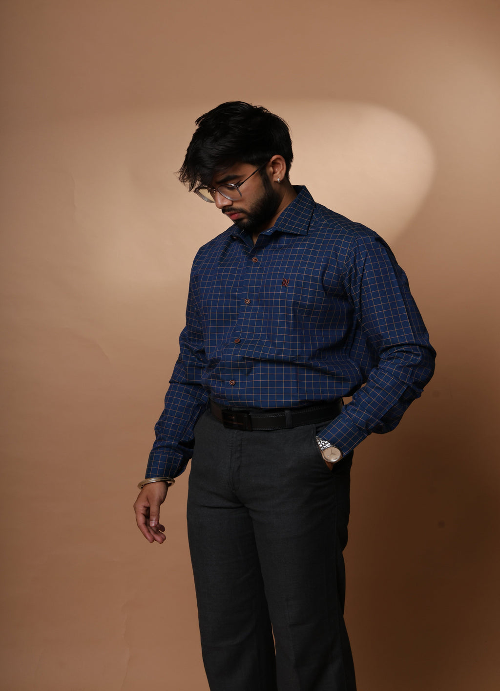 Deep navy blue with grid checks cotton shirt