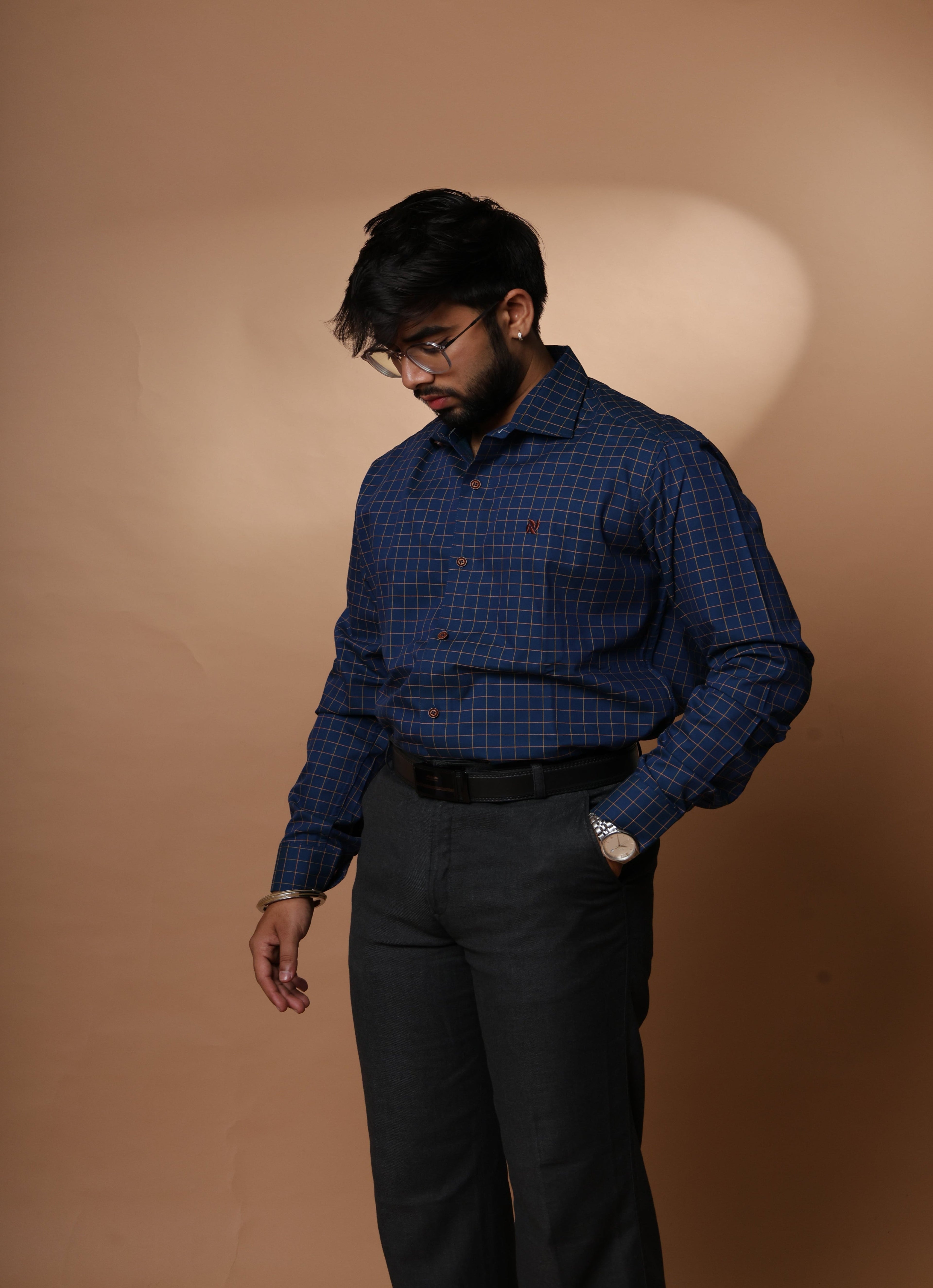 Deep navy blue with grid checks cotton shirt