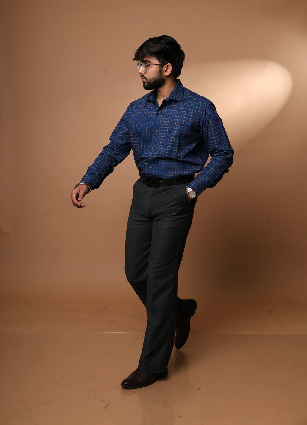 Deep navy blue with grid checks cotton shirt