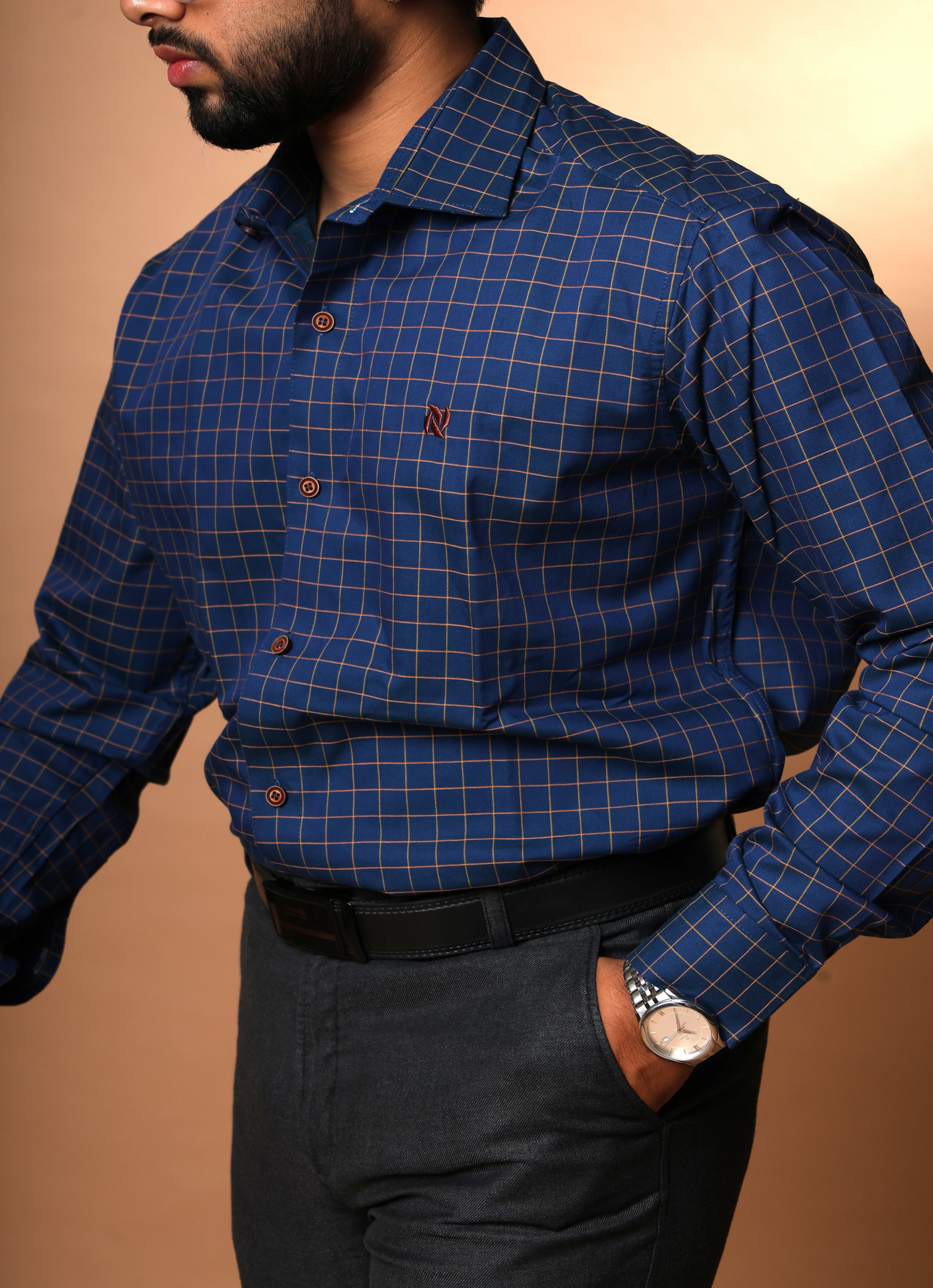 Deep navy blue with grid checks cotton shirt