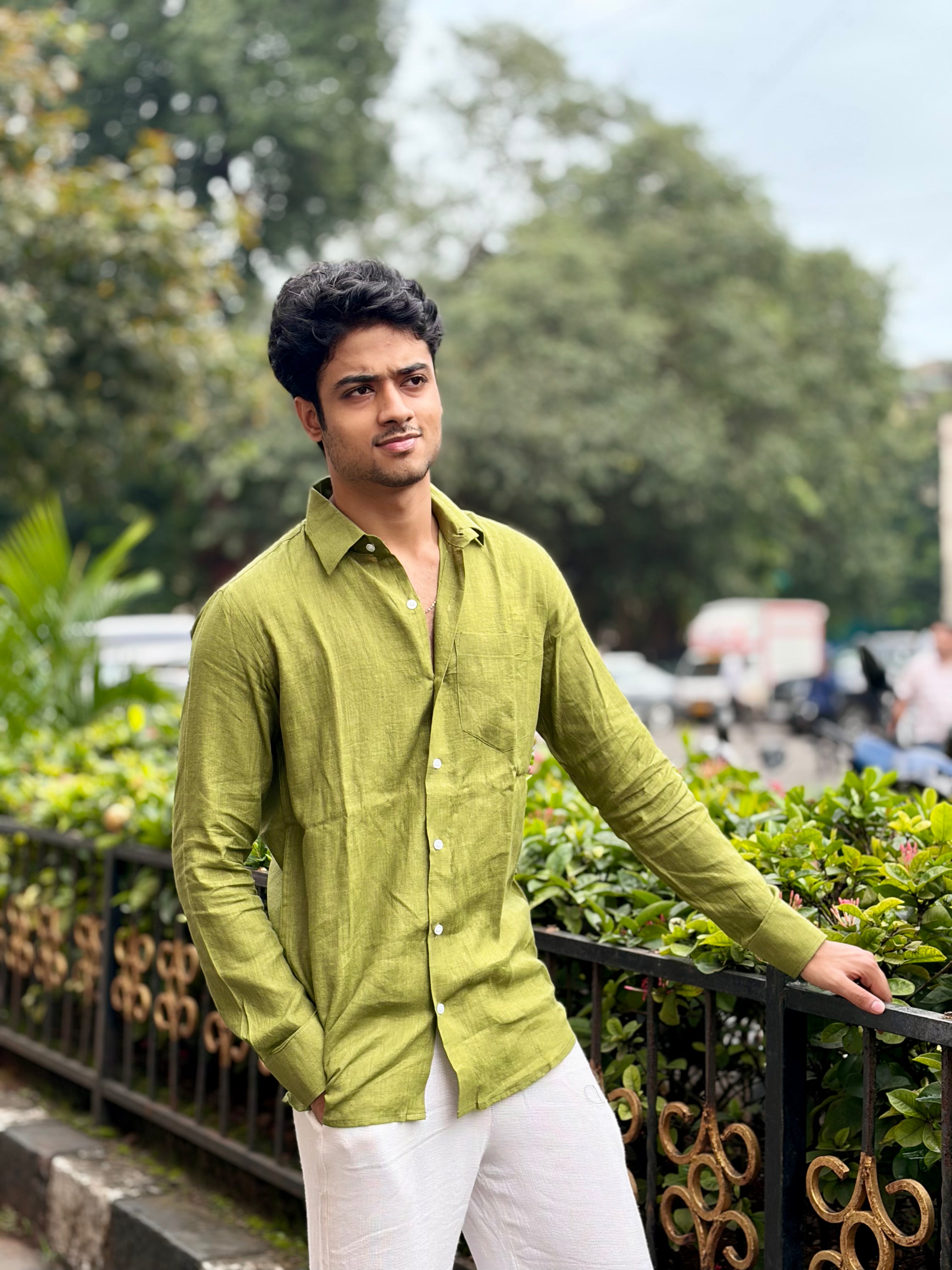 Light Olive Green Color Linen Shirt