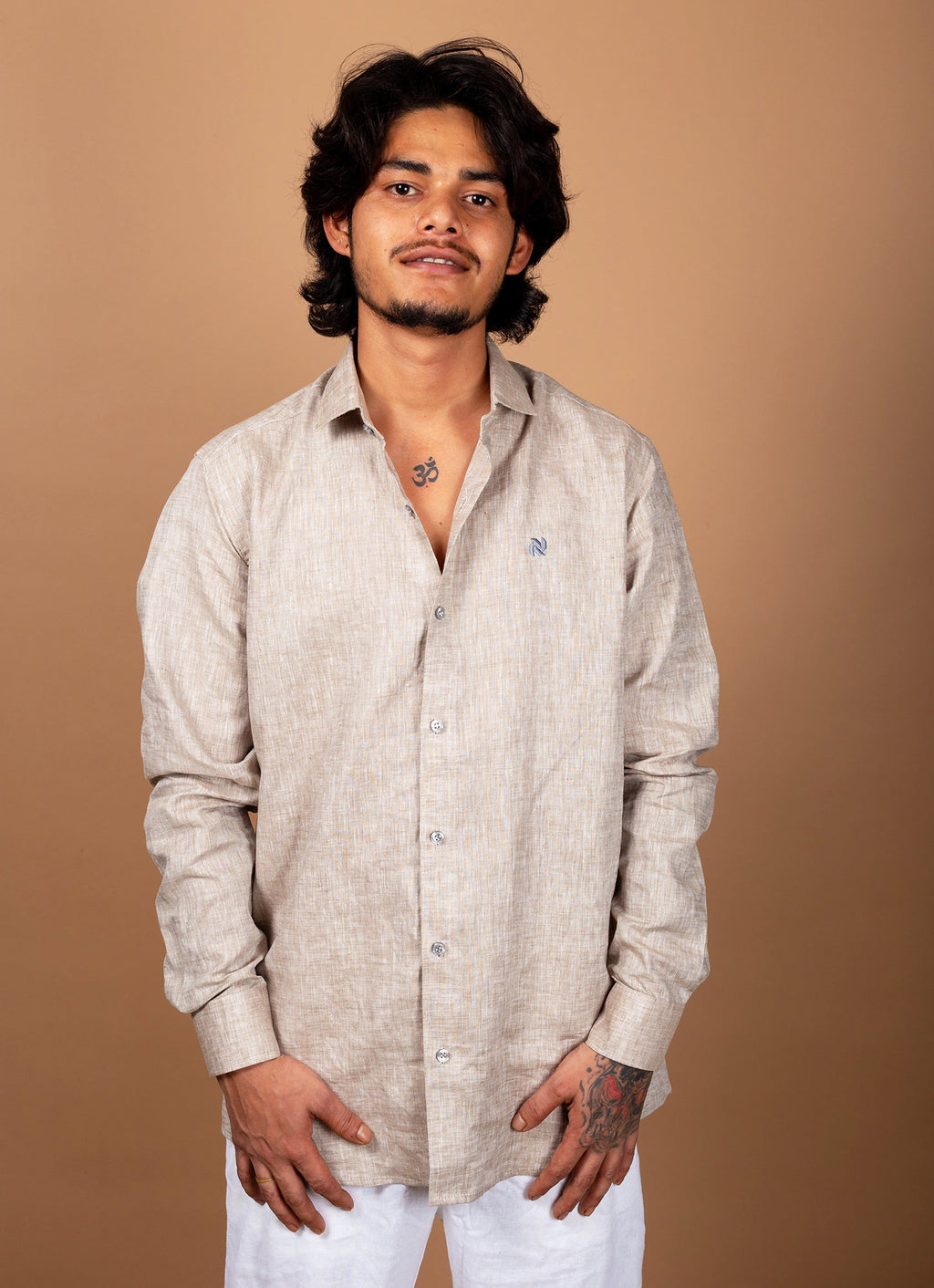 Beige Textured Pure Linen Premium Shirt