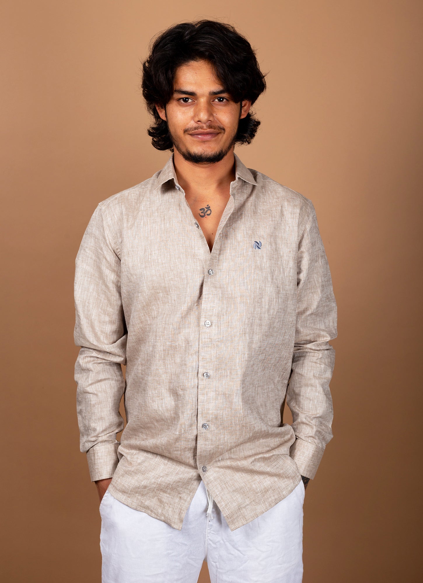 Beige Textured Pure Linen Premium Shirt
