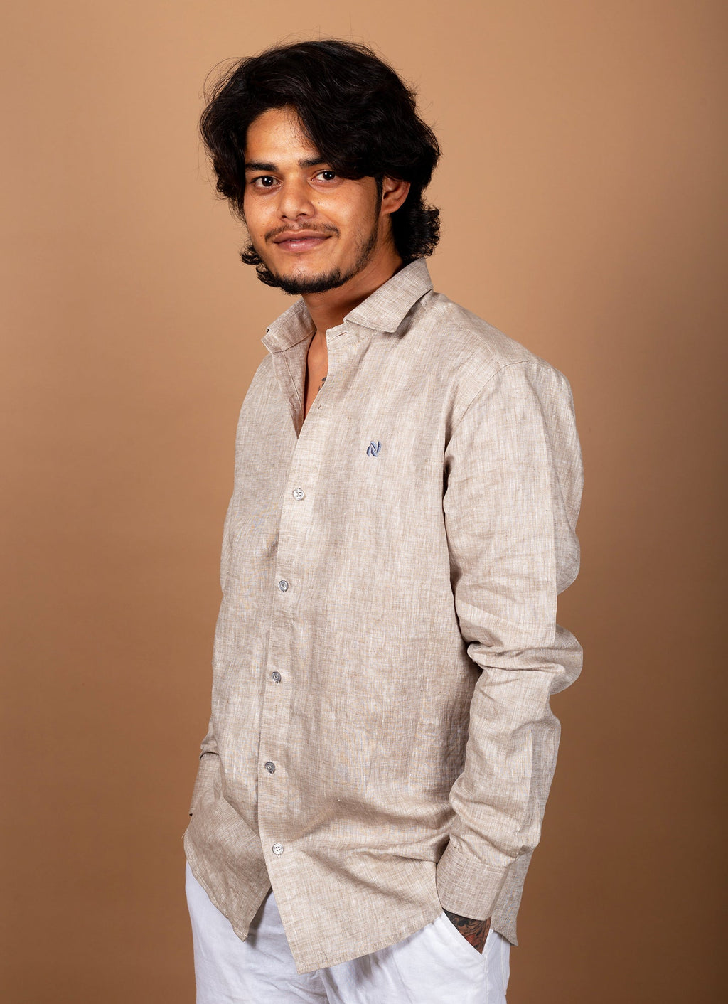 Beige Textured Pure Linen Premium Shirt