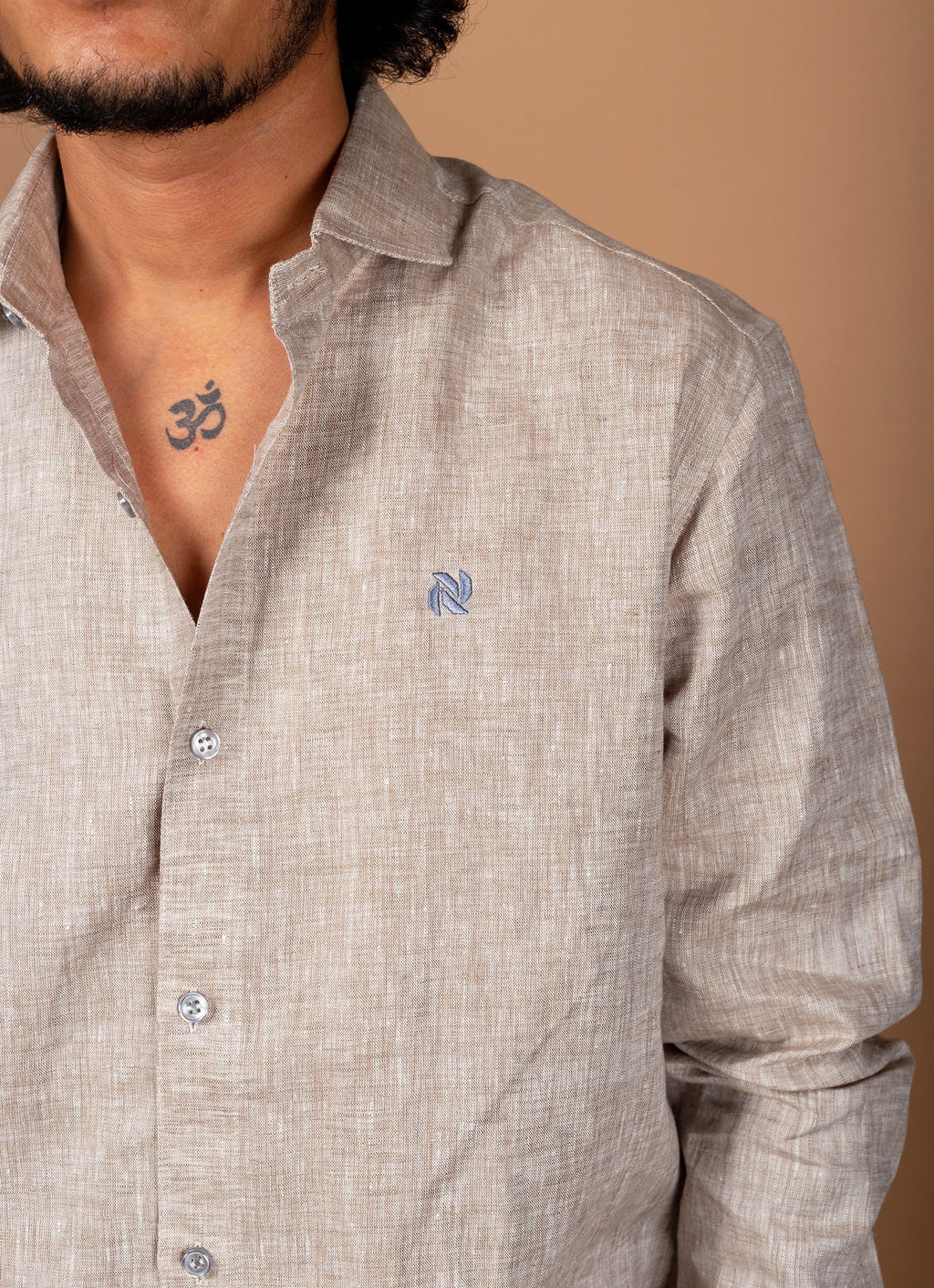 Beige Textured Pure Linen Premium Shirt