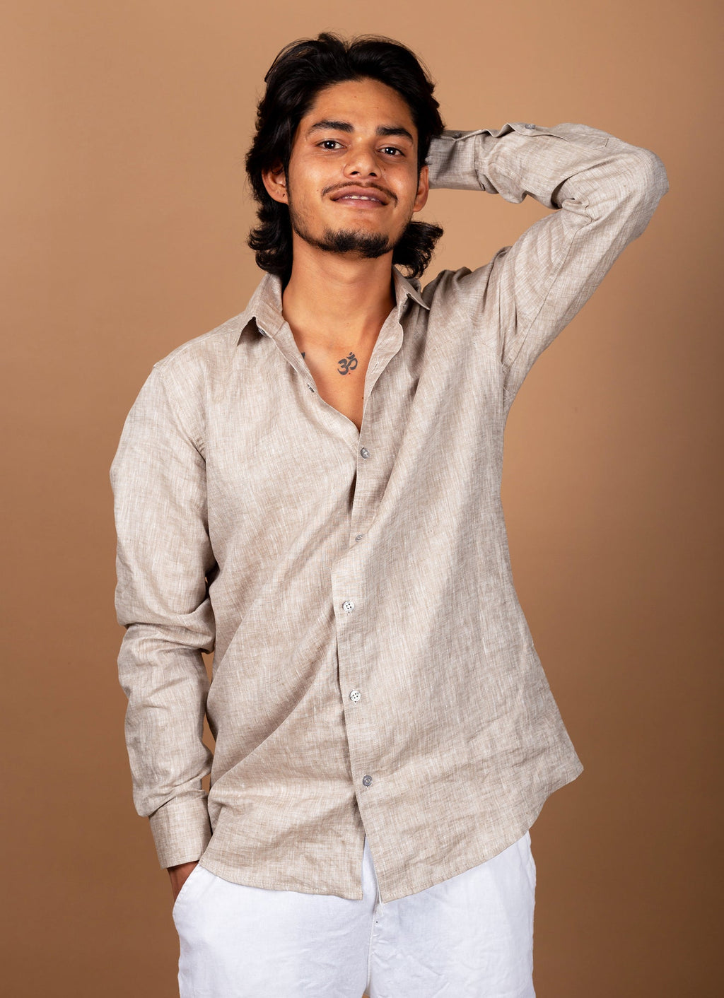Beige Textured Pure Linen Premium Shirt