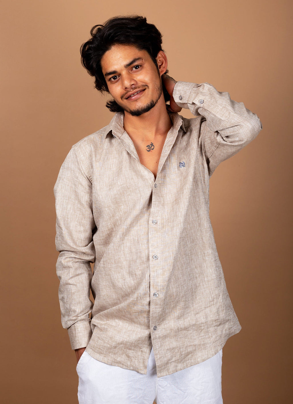 Beige Textured Pure Linen Premium Shirt