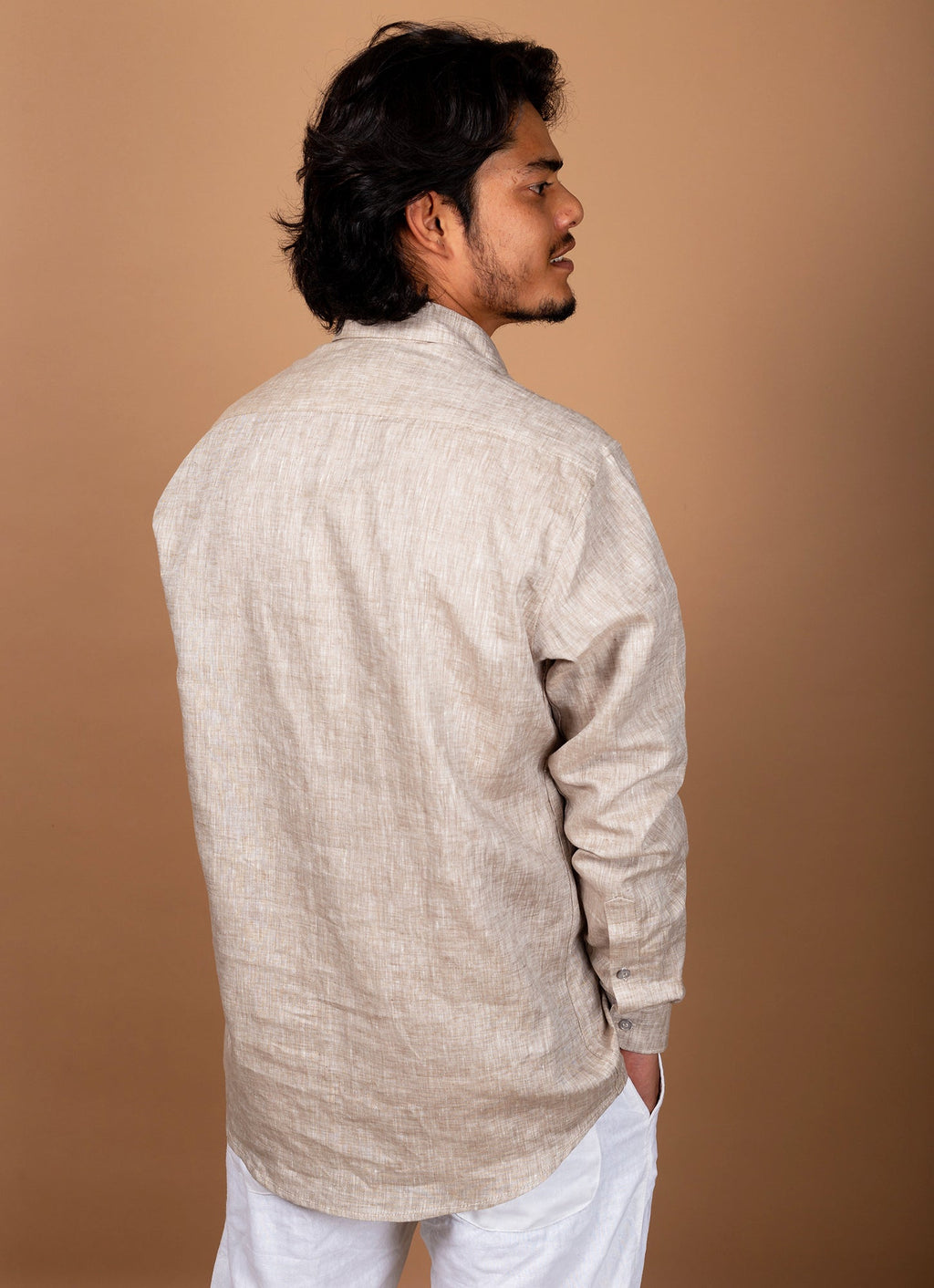 Beige Textured Pure Linen Premium Shirt