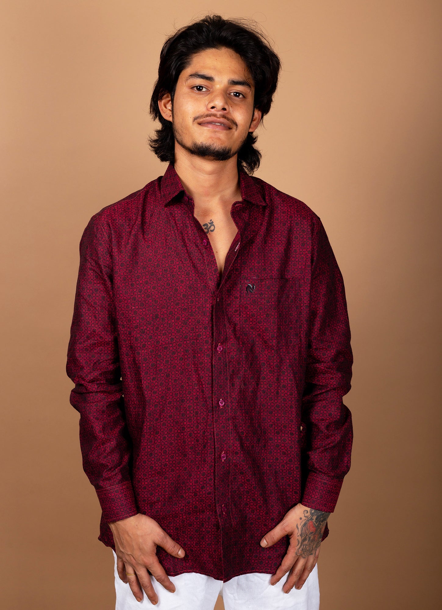 Carmine Red Black Dotted Pure Linen Shirt
