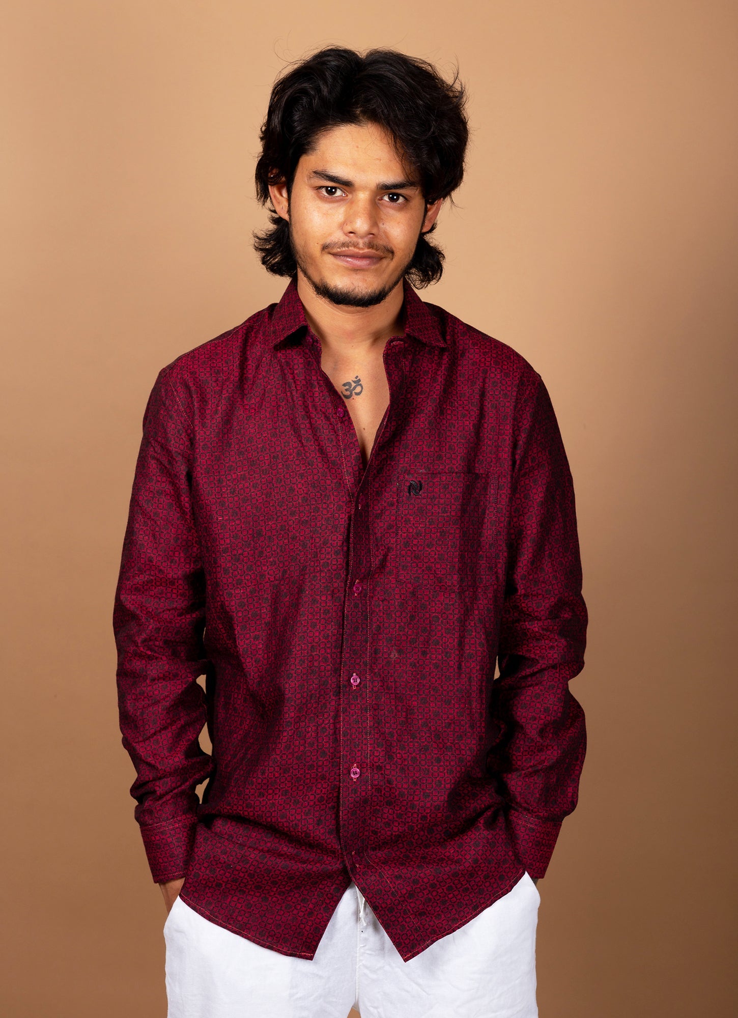 Carmine Red Black Dotted Pure Linen Shirt
