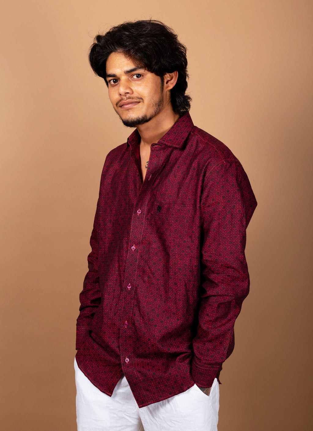 Carmine Red Black Dotted Pure Linen Shirt