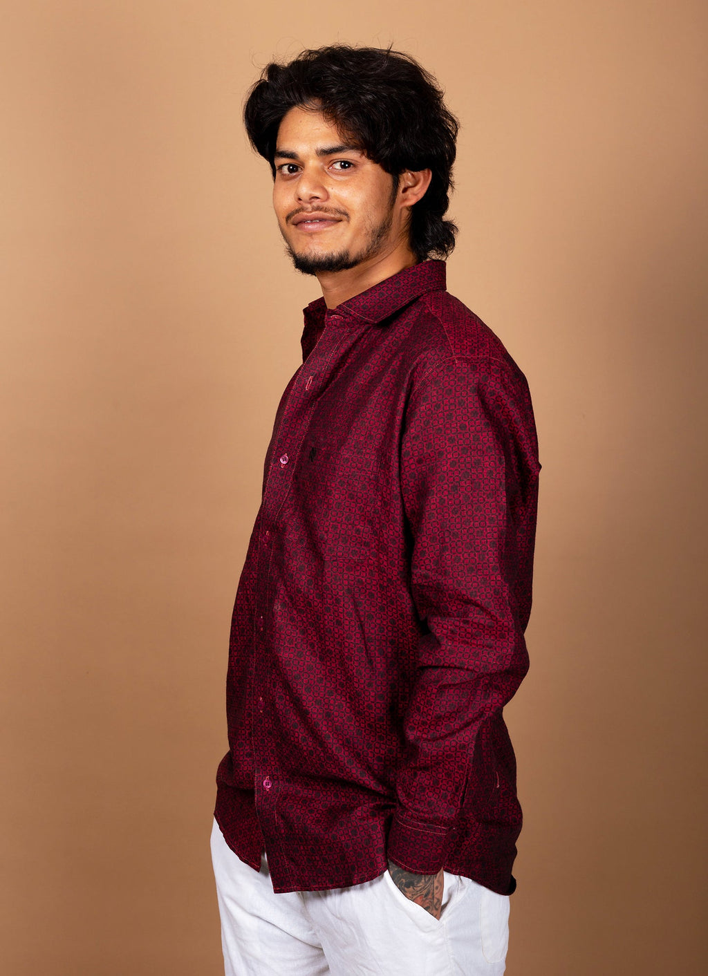 Carmine Red Black Dotted Pure Linen Shirt