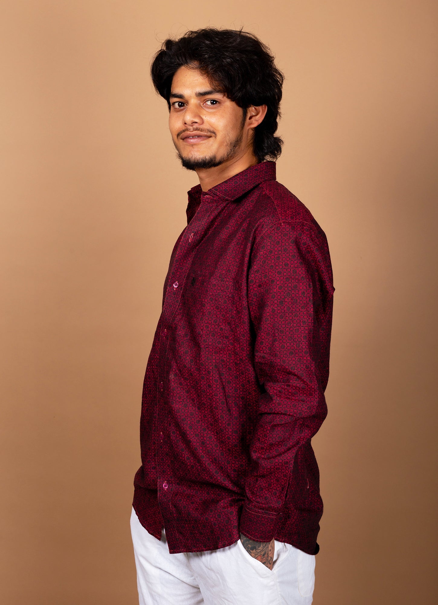 Carmine Red Black Dotted Pure Linen Shirt