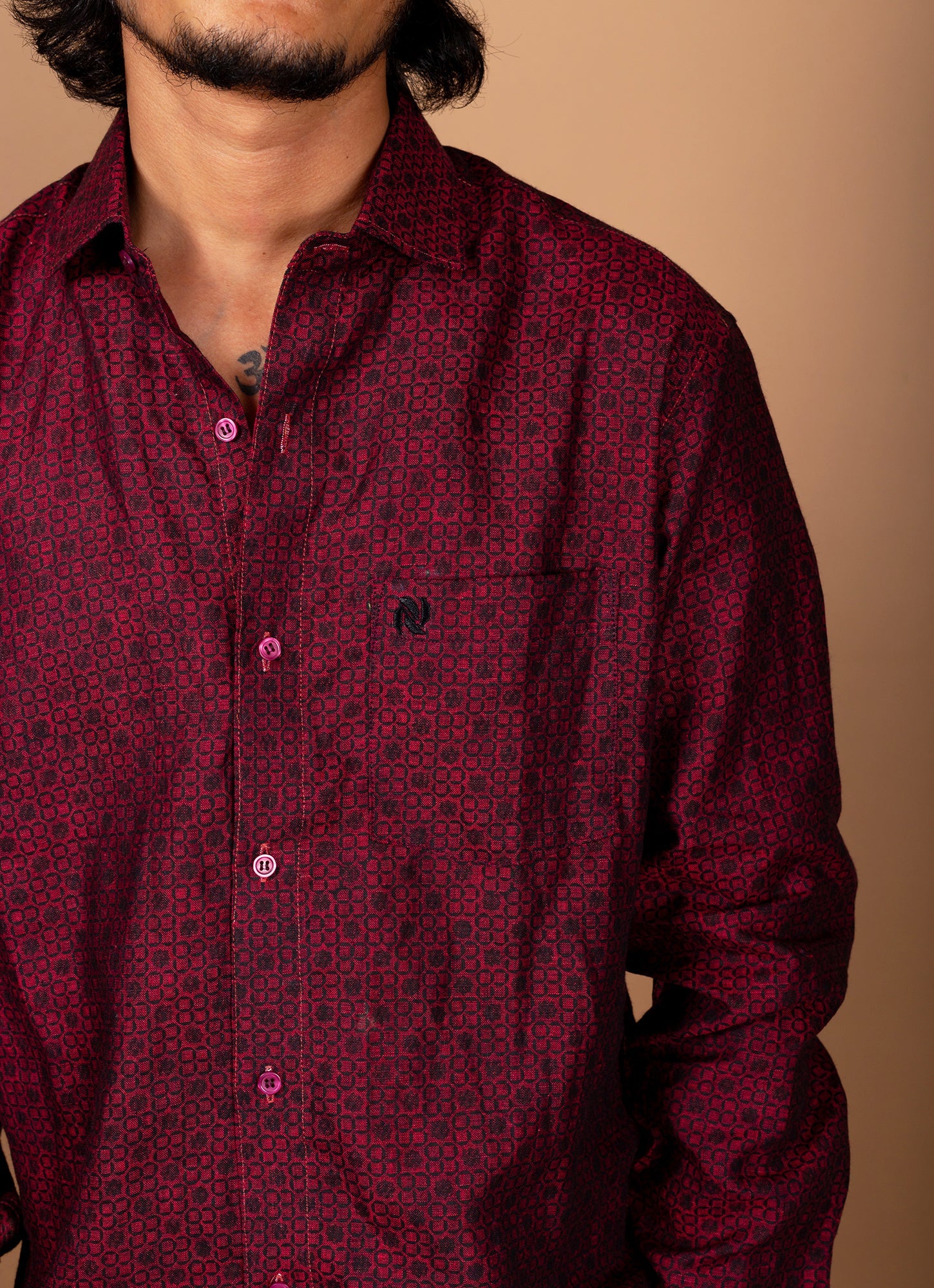 Carmine Red Black Dotted Pure Linen Shirt