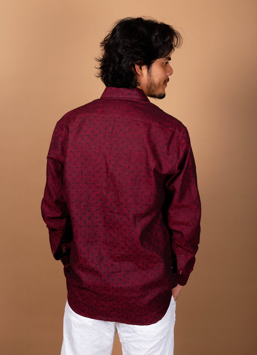 Carmine Red Black Dotted Pure Linen Shirt