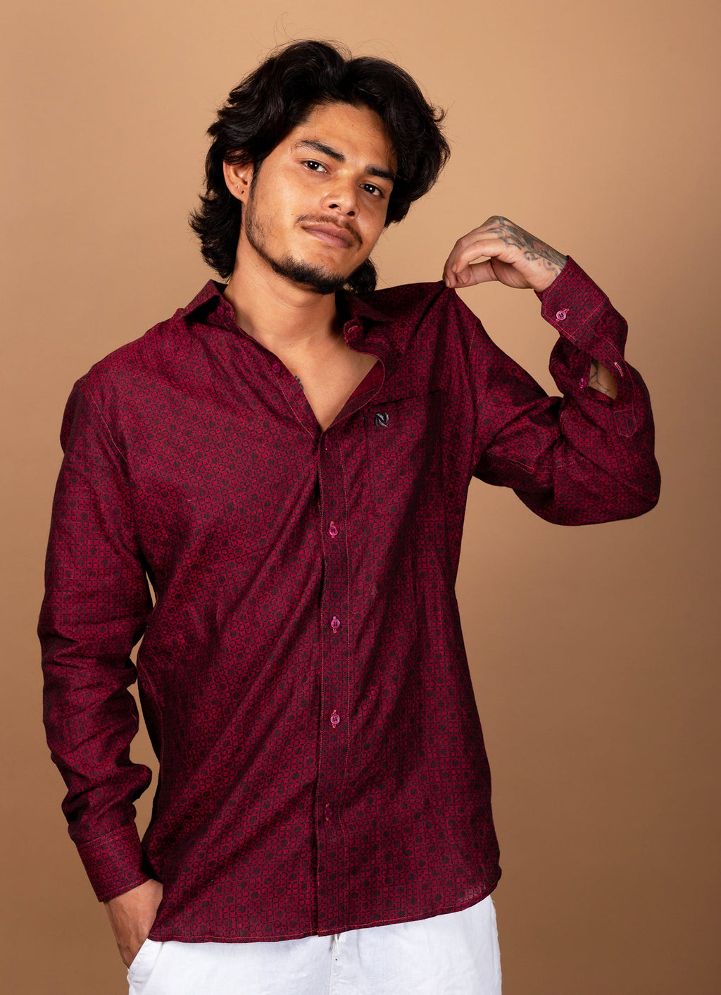 Carmine Red Black Dotted Pure Linen Shirt