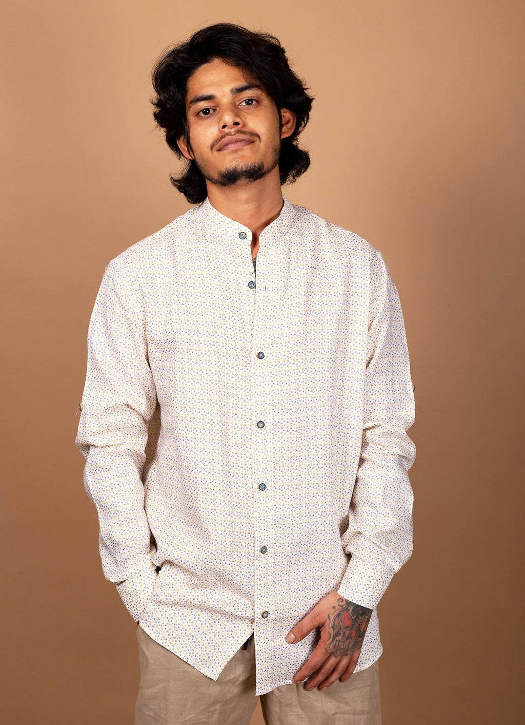 Flowery Beige Pure Linen Premium Shirt