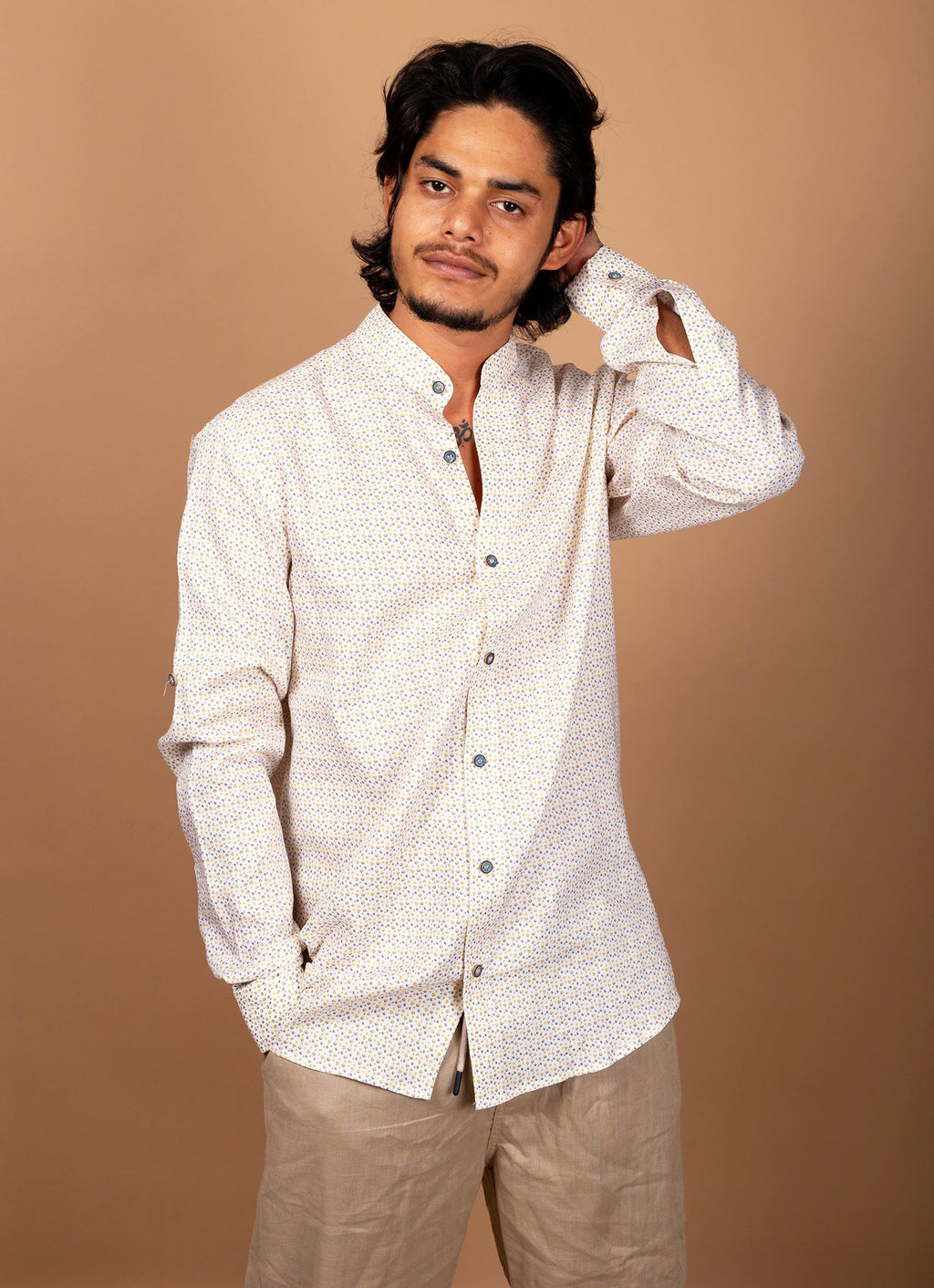 Flowery Beige Pure Linen Premium Shirt