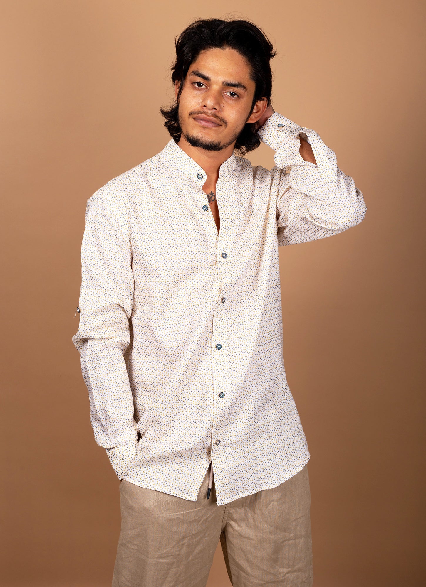 Flowery Beige Pure Linen Premium Shirt