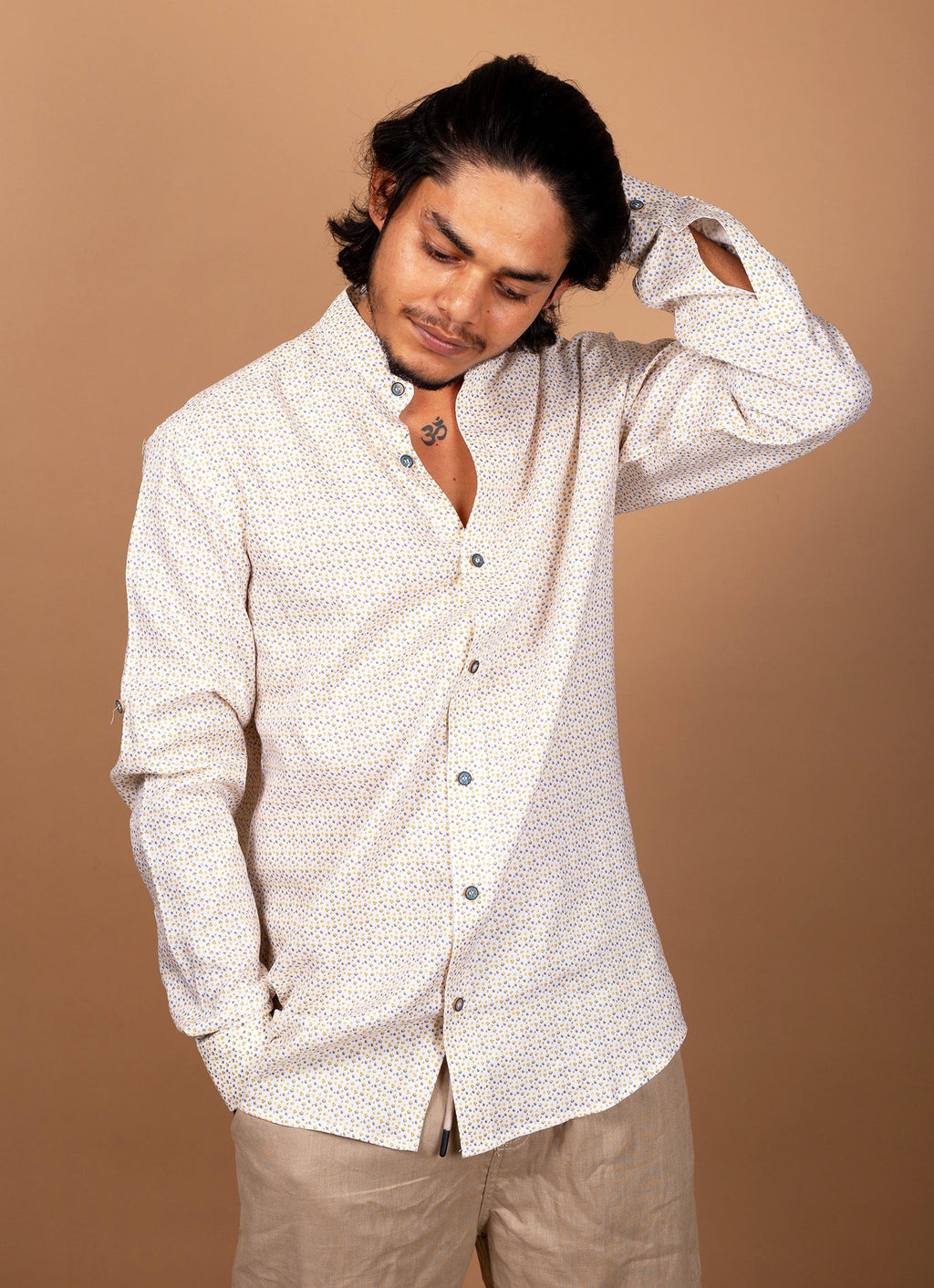 Flowery Beige Pure Linen Premium Shirt