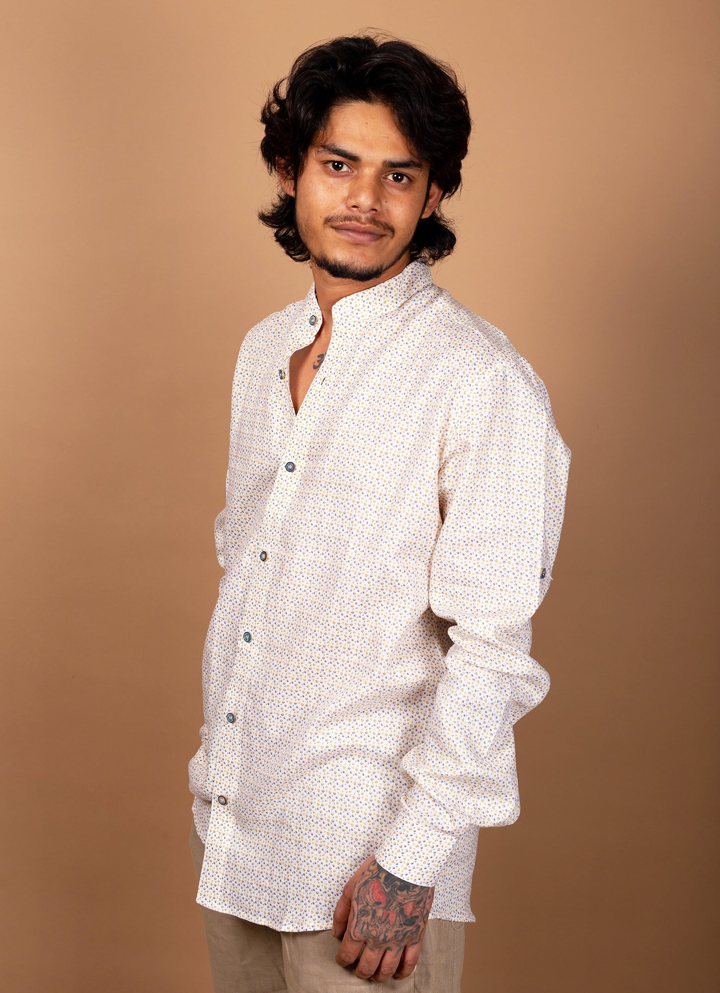Flowery Beige Pure Linen Premium Shirt