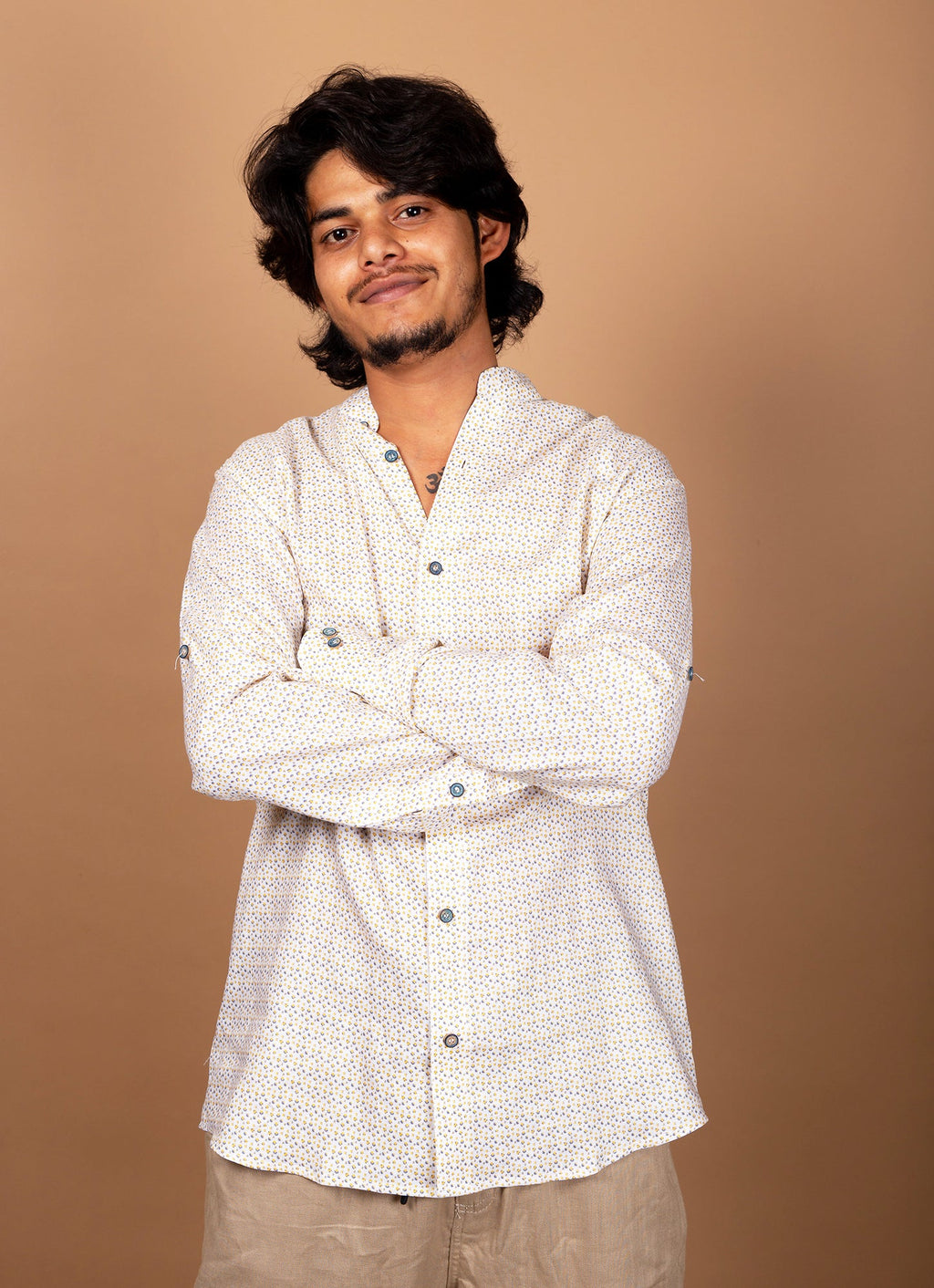 Flowery Beige Pure Linen Premium Shirt